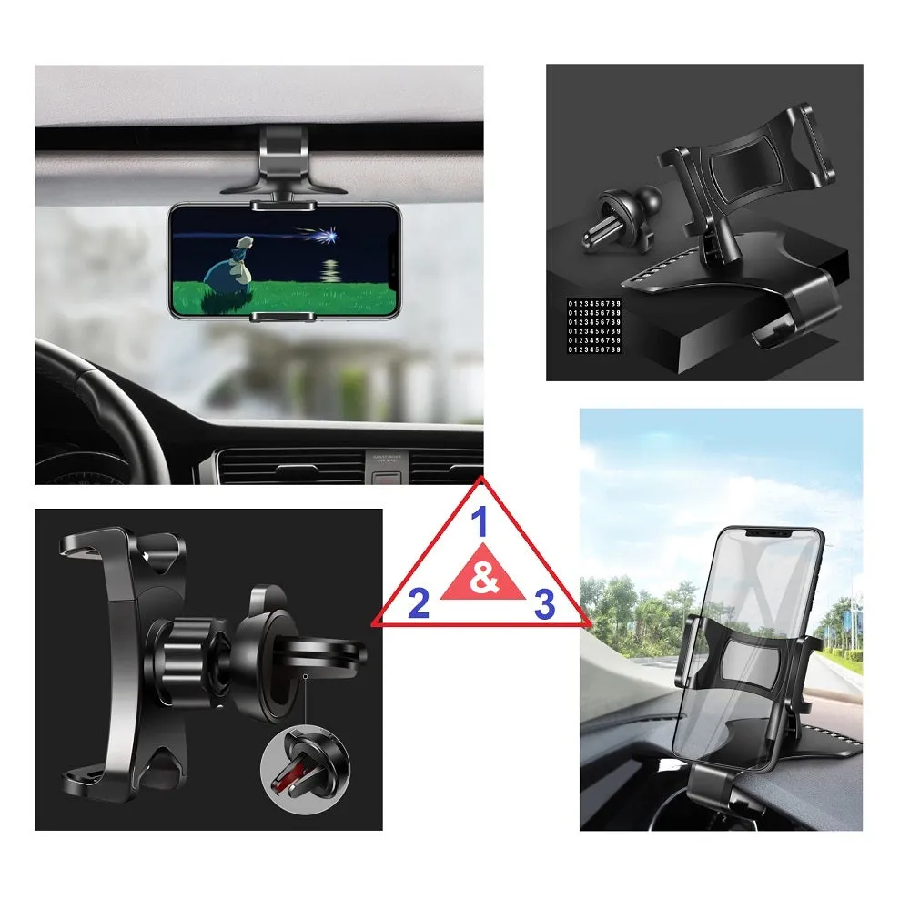 3 in 1 Car GPS Smartphone Holder: Dashboard / Visor Clamp   AC Grid Clip for Sagem Cosy Phone - Black