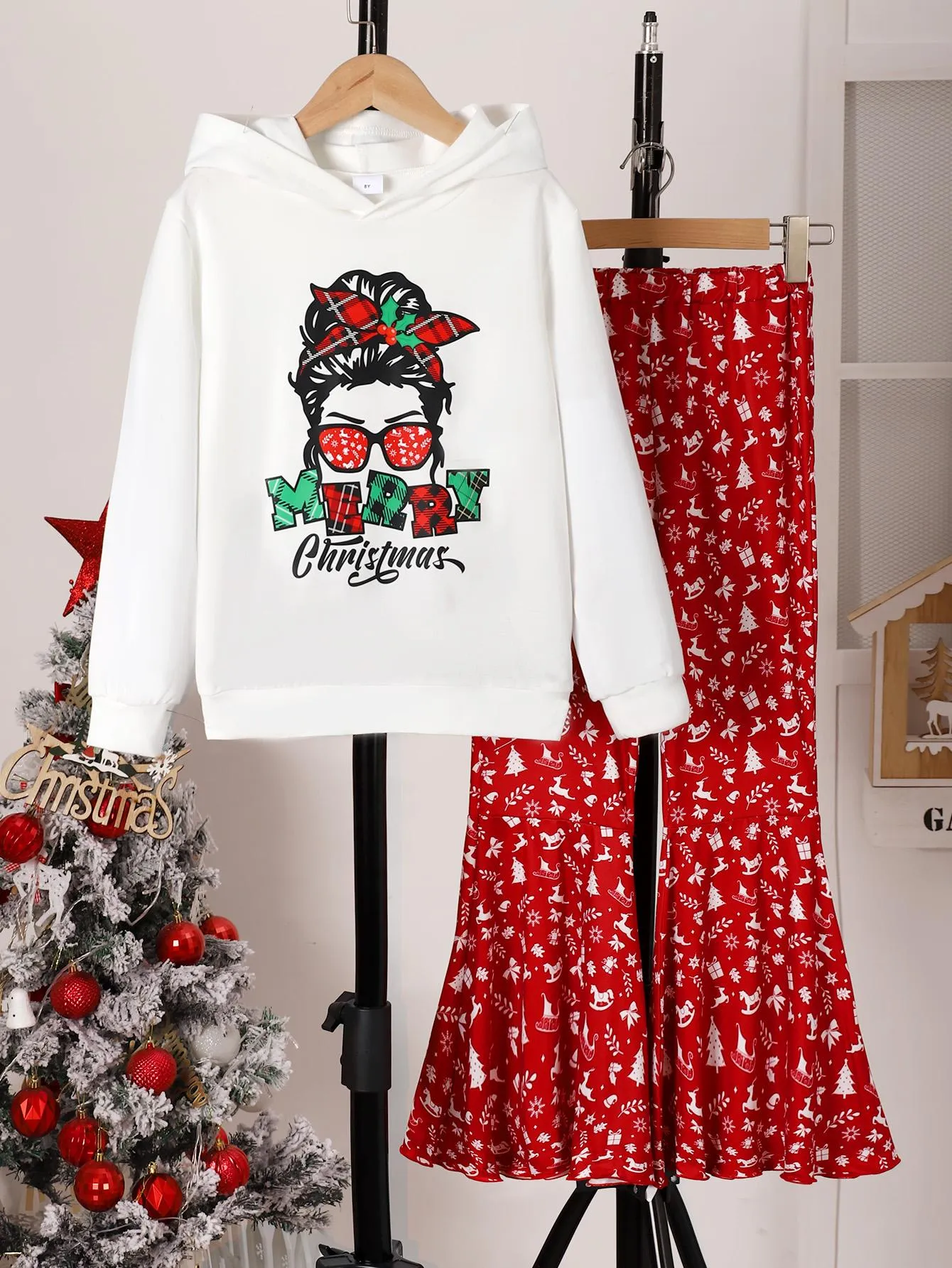 8-14Y 2pcs Girl's MERRY CHRISTMAS Print Outfit Hooded Long Sleeve Top, Flared Pants Kid's Clothes Set For Spring Fall Winter White Catpapa 462307026