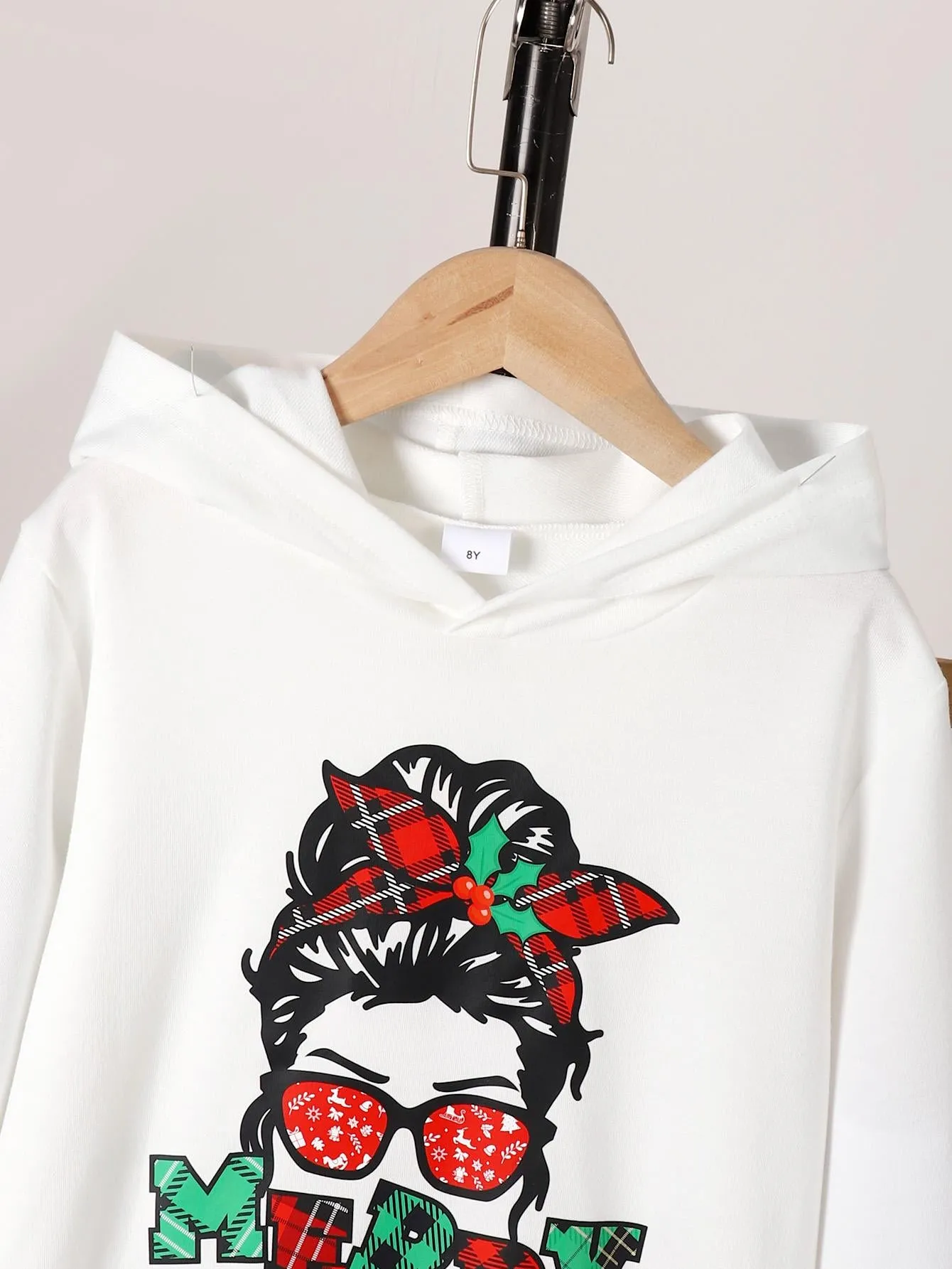 8-14Y 2pcs Girl's MERRY CHRISTMAS Print Outfit Hooded Long Sleeve Top, Flared Pants Kid's Clothes Set For Spring Fall Winter White Catpapa 462307026