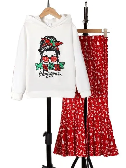 8-14Y 2pcs Girl's MERRY CHRISTMAS Print Outfit Hooded Long Sleeve Top, Flared Pants Kid's Clothes Set For Spring Fall Winter White Catpapa 462307026