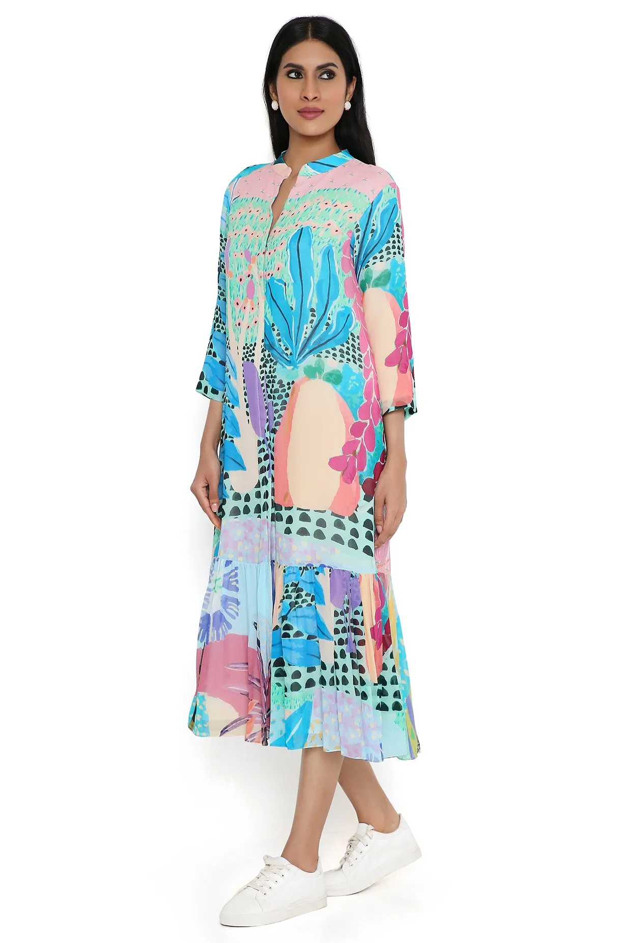 Aqua Tropical Print Art Georgette Shirt Dress
