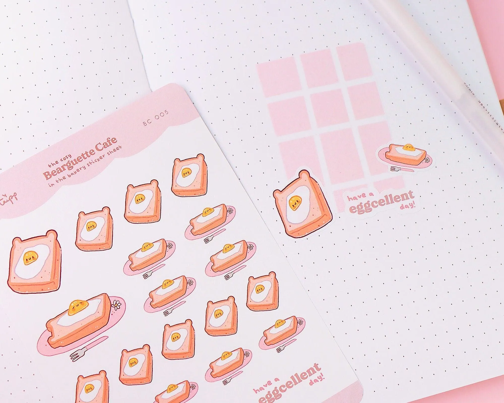 Bearguette Cafe Sticker Sheet | Cute Eggs on Toast Bakery Planner Stickers | BC 005