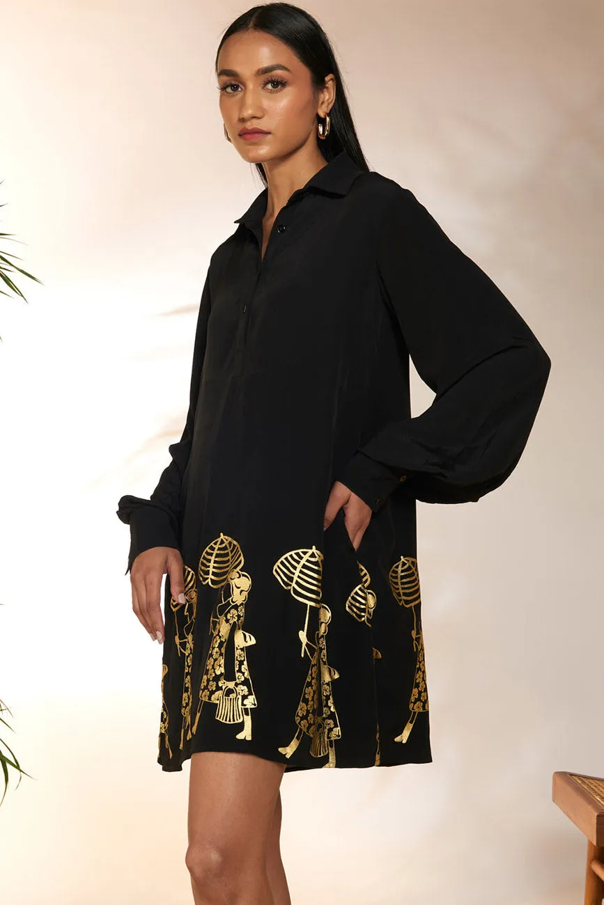 Black Sunny Days Placement Print Black Collar Dress