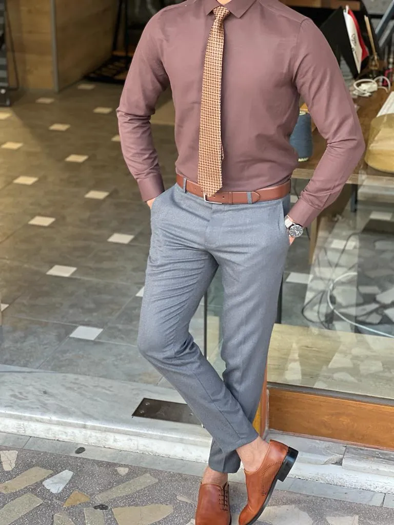 Brown Slim Fit Long Sleeve Cotton Dress Shirt for Men by GentWith.com