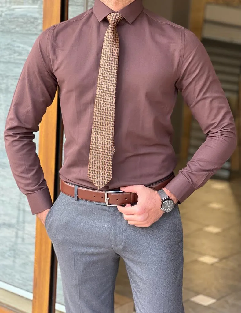 Brown Slim Fit Long Sleeve Cotton Dress Shirt for Men by GentWith.com