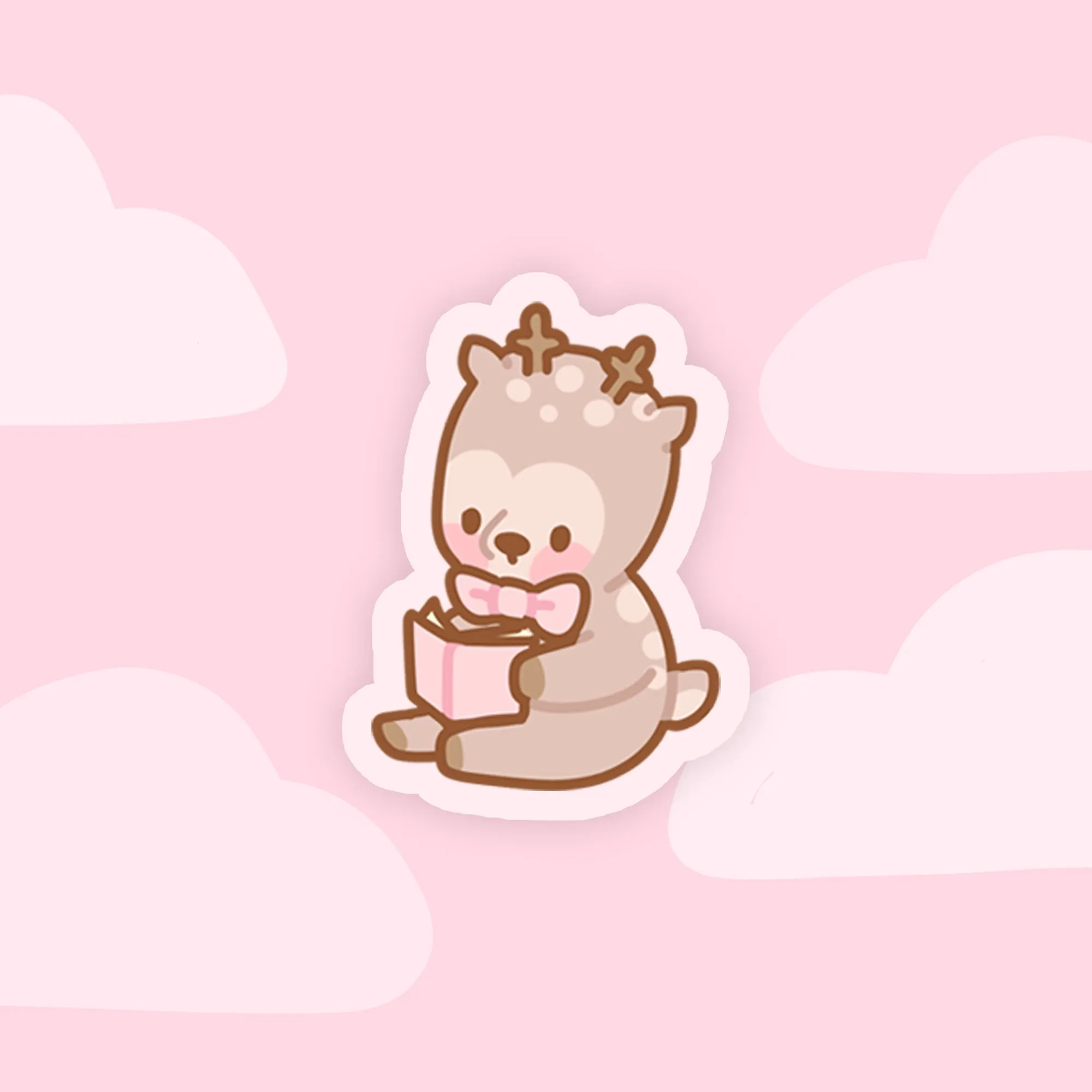 Cinnamon the Chubby Reindeer Die-Cut Sticker | Book Lover Gift | Pink Coquette Bow | Christmas Stationery Sticker