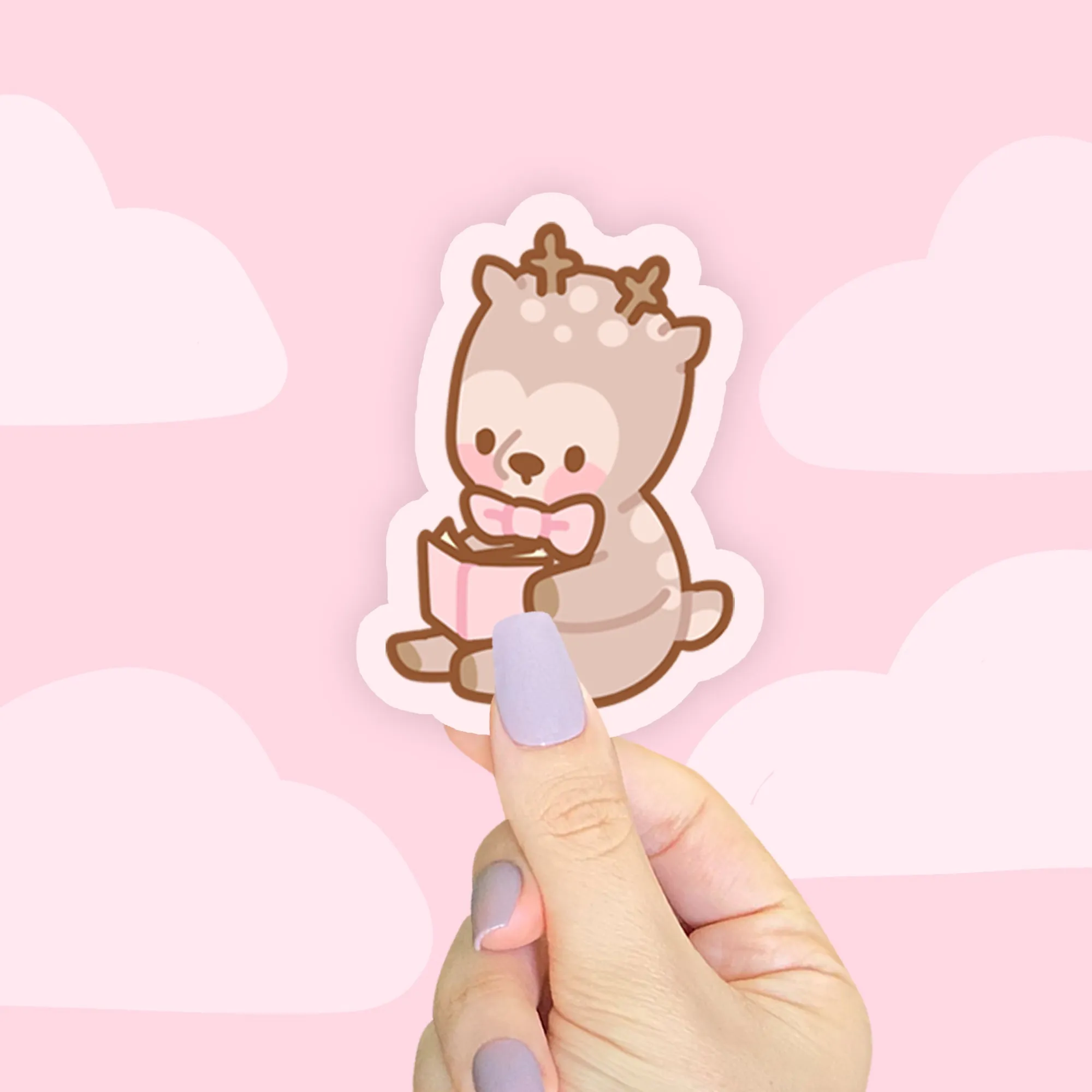 Cinnamon the Chubby Reindeer Die-Cut Sticker | Book Lover Gift | Pink Coquette Bow | Christmas Stationery Sticker