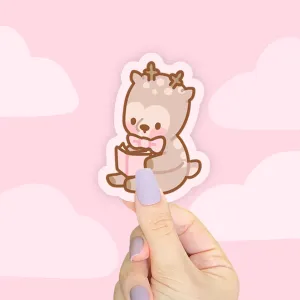 Cinnamon the Chubby Reindeer Die-Cut Sticker | Book Lover Gift | Pink Coquette Bow | Christmas Stationery Sticker