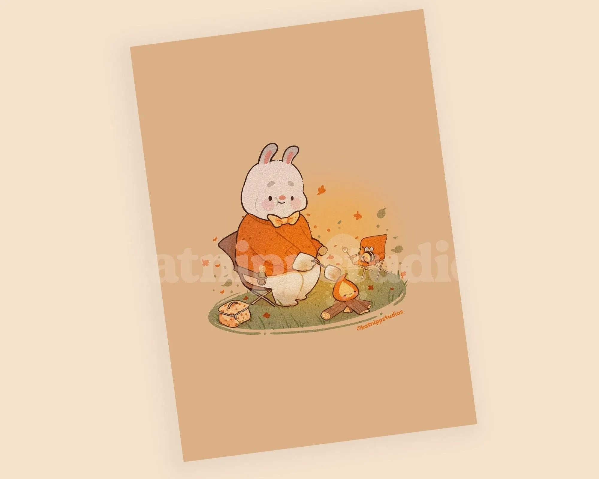 Cosy Autumn Art Print | Bonbun & Bumblebutt Campfire Scene | Kawaii Roasting Marshmallows Decor