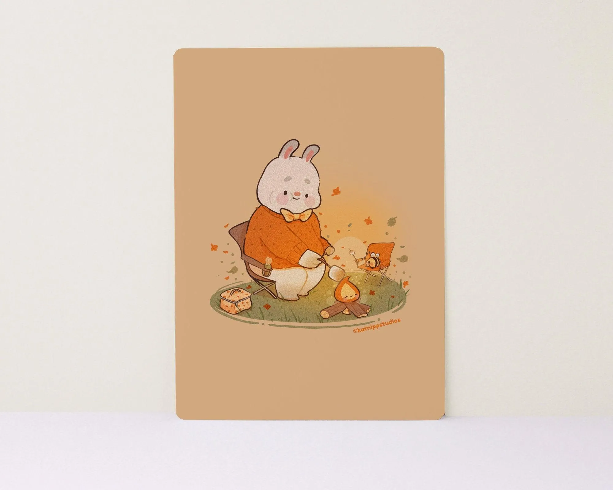 Cosy Autumn Art Print | Bonbun & Bumblebutt Campfire Scene | Kawaii Roasting Marshmallows Decor