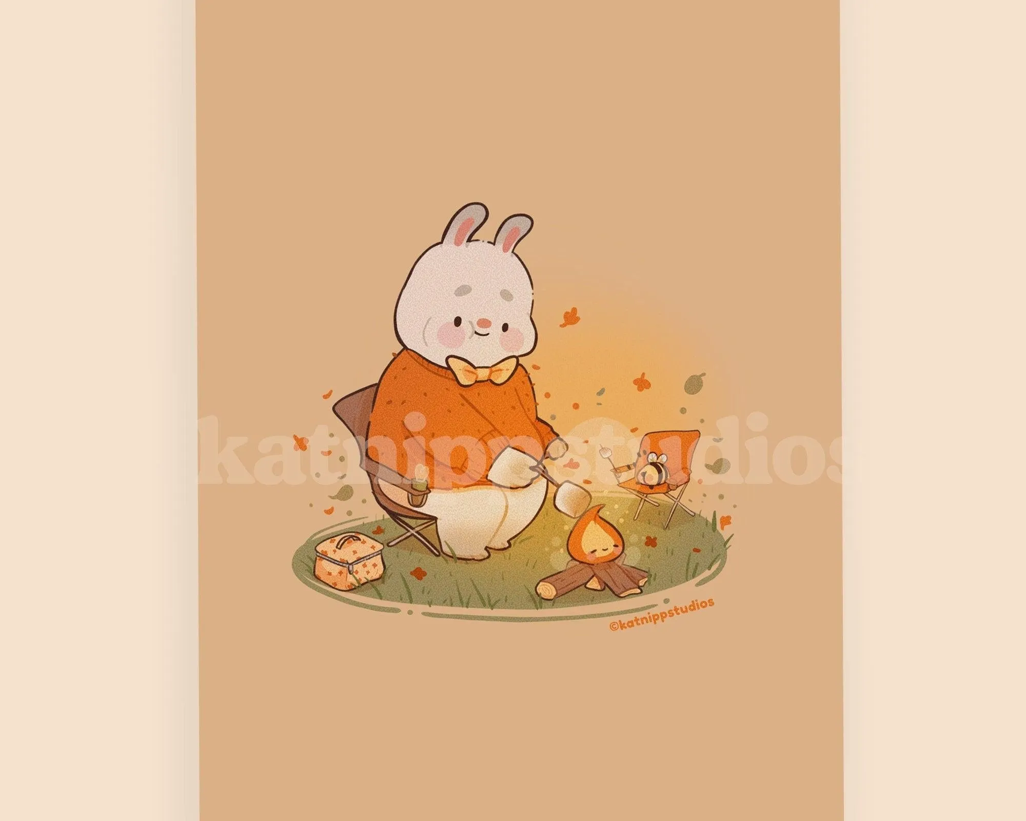 Cosy Autumn Art Print | Bonbun & Bumblebutt Campfire Scene | Kawaii Roasting Marshmallows Decor
