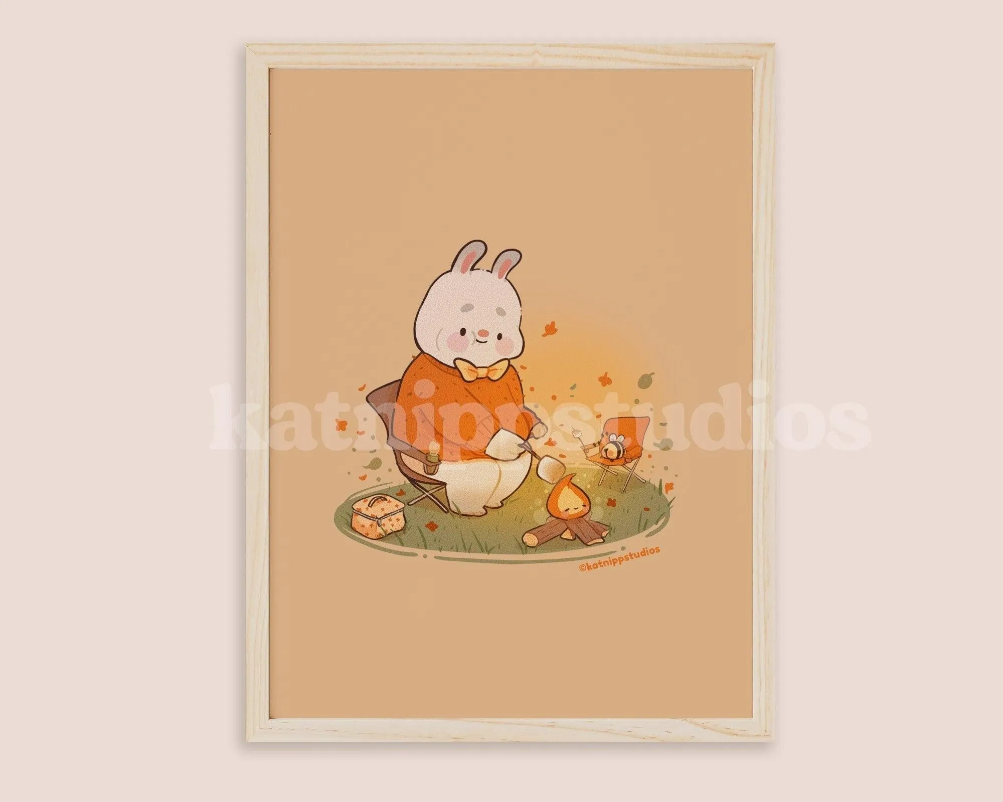 Cosy Autumn Art Print | Bonbun & Bumblebutt Campfire Scene | Kawaii Roasting Marshmallows Decor