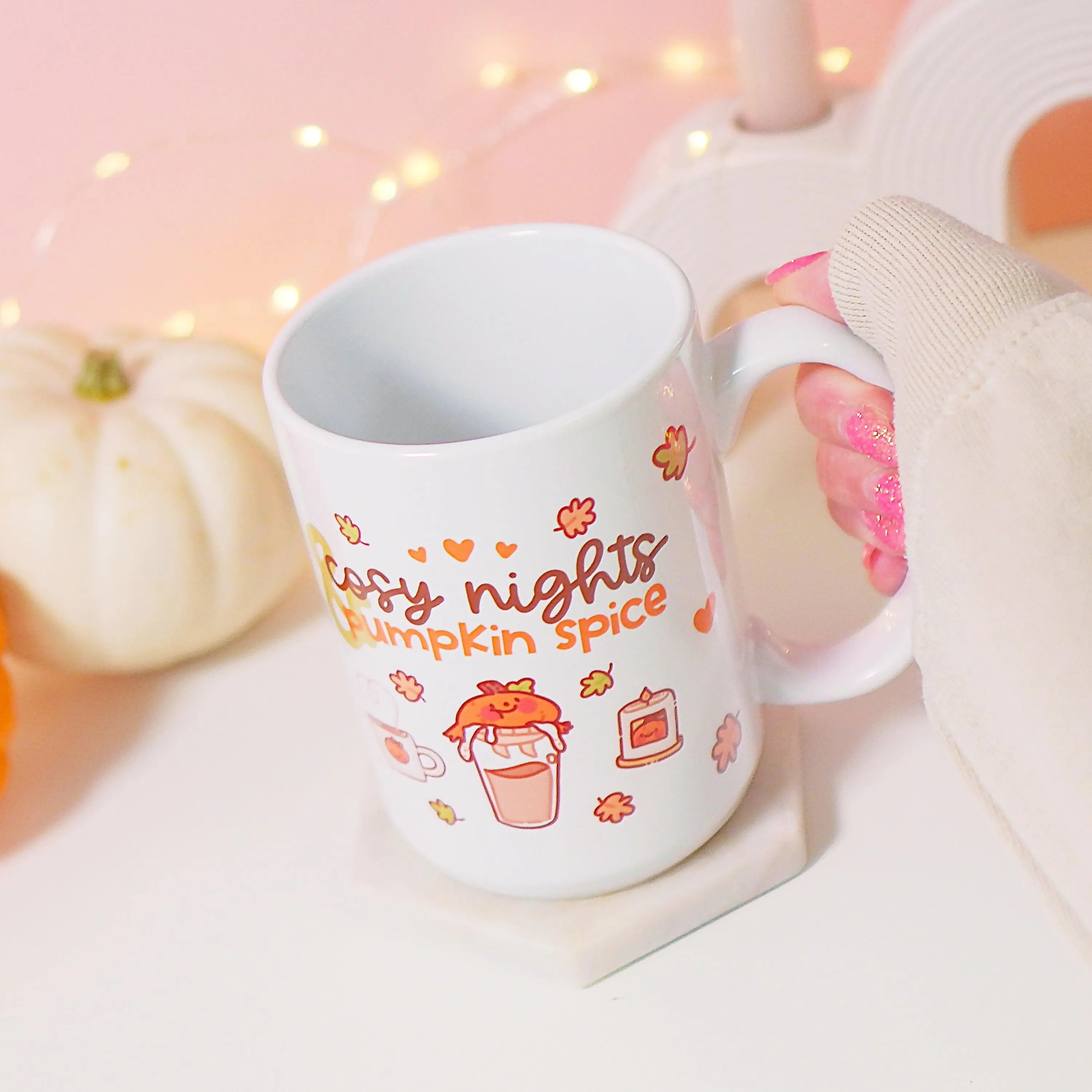 Cosy Autumn Pumpkin Spice Mug | Kawaii Pumpkin Coffee Cup with "Cosy Nights & Pumpkin Spice" Quote