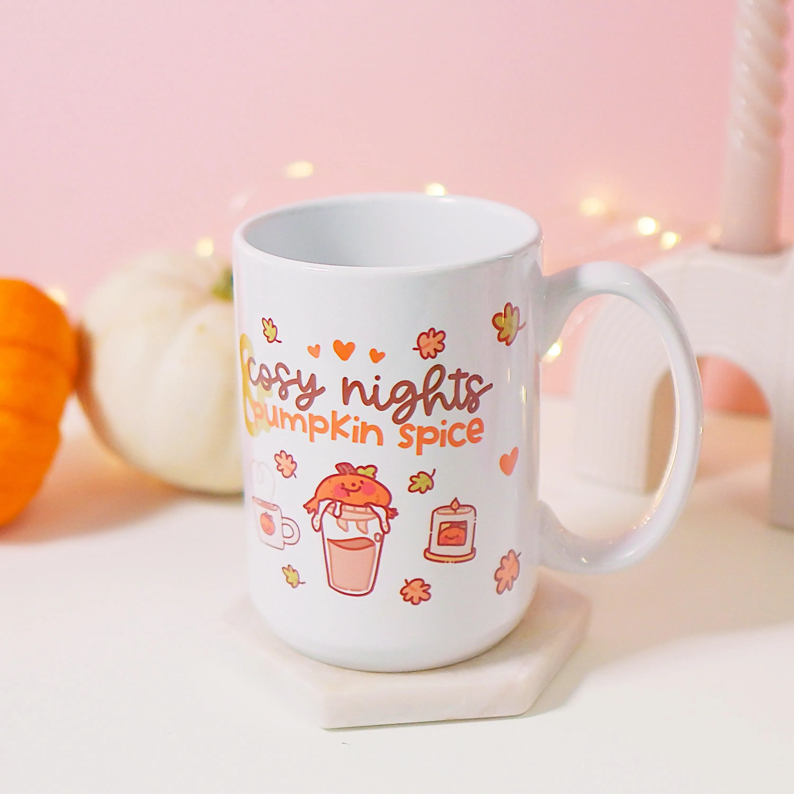 Cosy Autumn Pumpkin Spice Mug | Kawaii Pumpkin Coffee Cup with "Cosy Nights & Pumpkin Spice" Quote