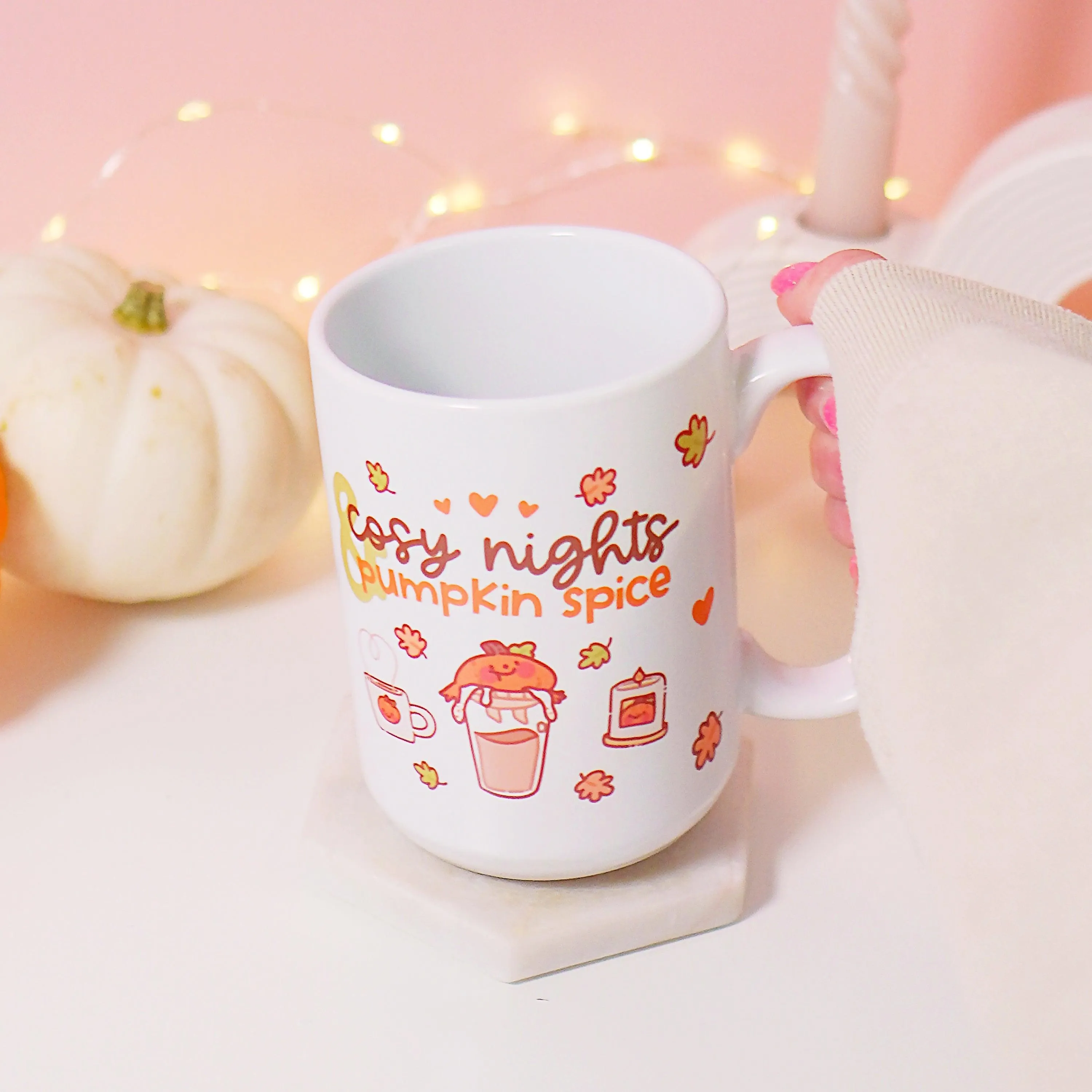 Cosy Autumn Pumpkin Spice Mug | Kawaii Pumpkin Coffee Cup with "Cosy Nights & Pumpkin Spice" Quote