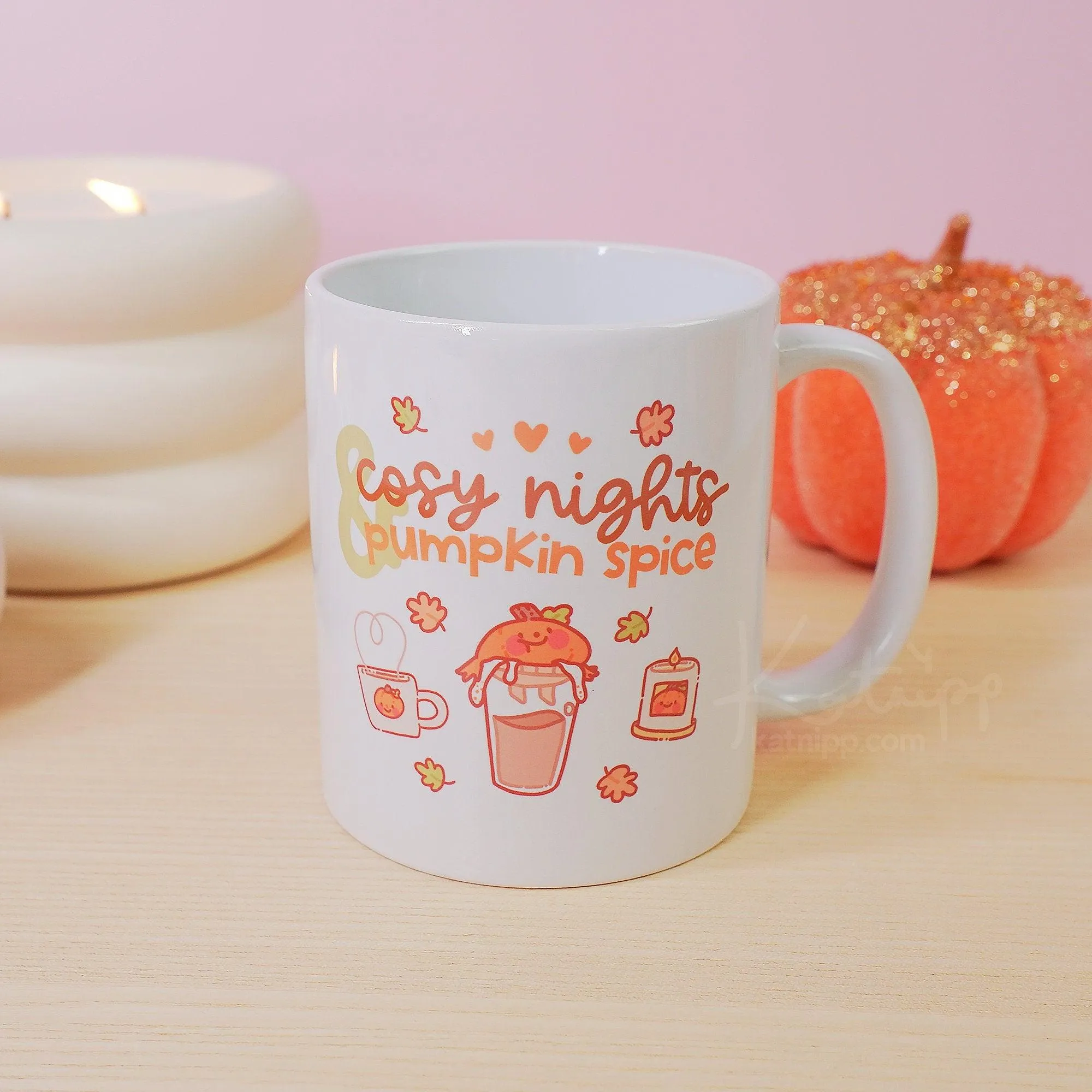 Cosy Autumn Pumpkin Spice Mug | Kawaii Pumpkin Coffee Cup with "Cosy Nights & Pumpkin Spice" Quote
