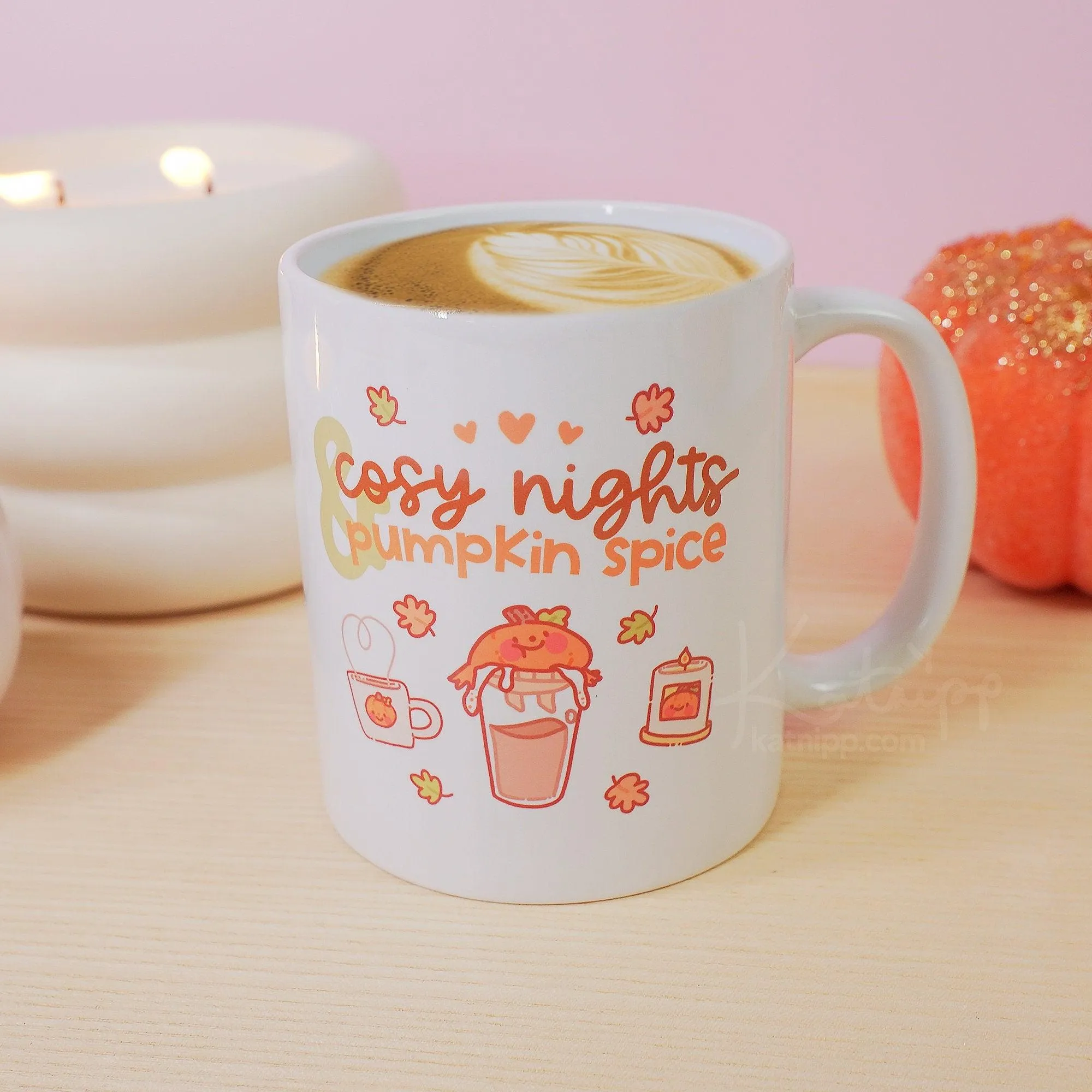 Cosy Autumn Pumpkin Spice Mug | Kawaii Pumpkin Coffee Cup with "Cosy Nights & Pumpkin Spice" Quote