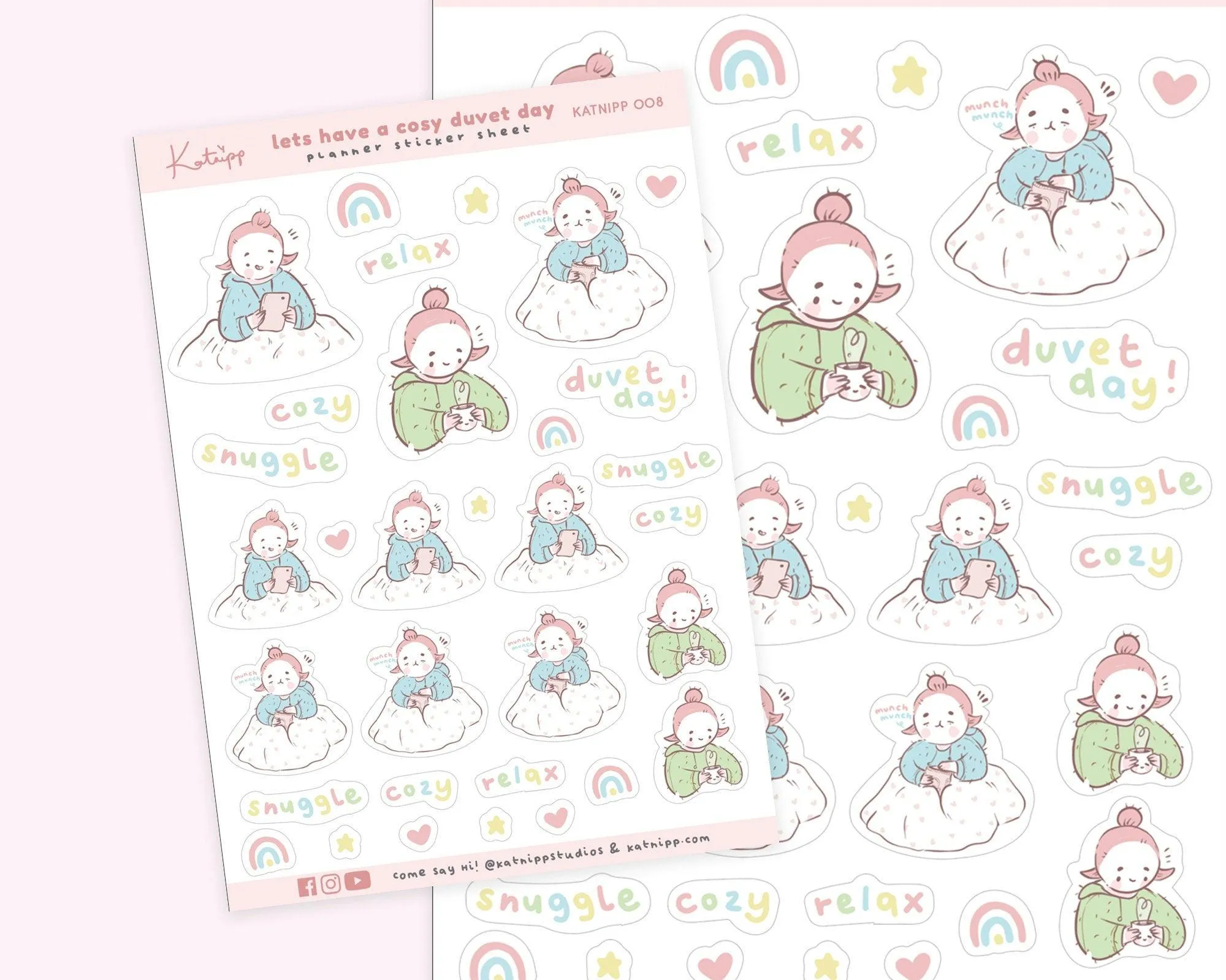 Cosy Duvet Day Planner Stickers | Snuggle & Relax Stickers | Kawaii Self-Care Stickers | Lazy Day Journaling Stickers | KATNIPP008