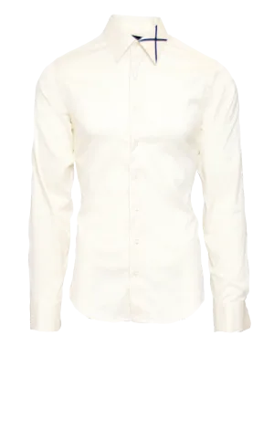CRISP CREAM FITTED COTTON DRESS SHIRT W/ NAVY SATIN X ICON