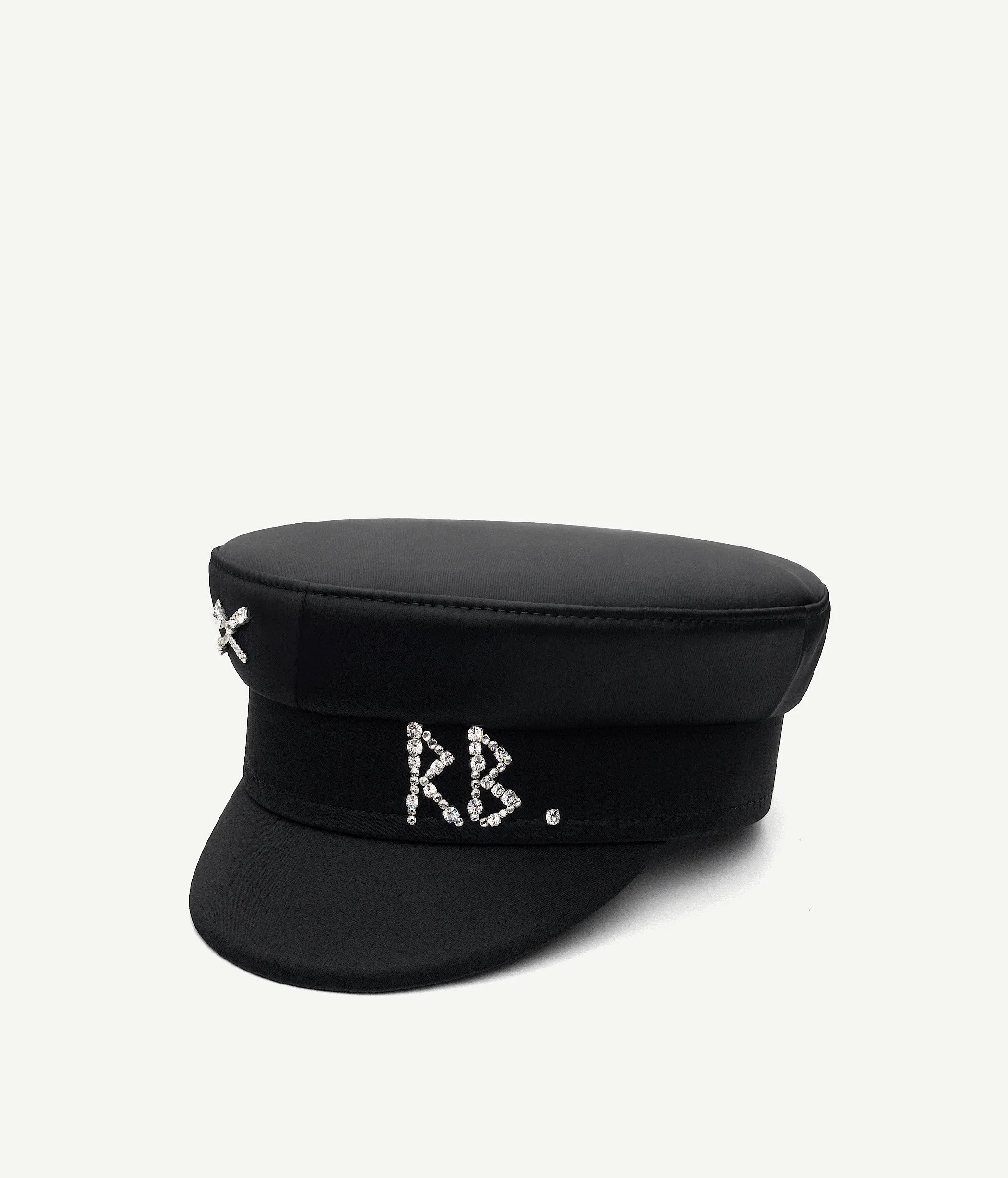 Crystal-embellished Black Satin Baker Boy Cap