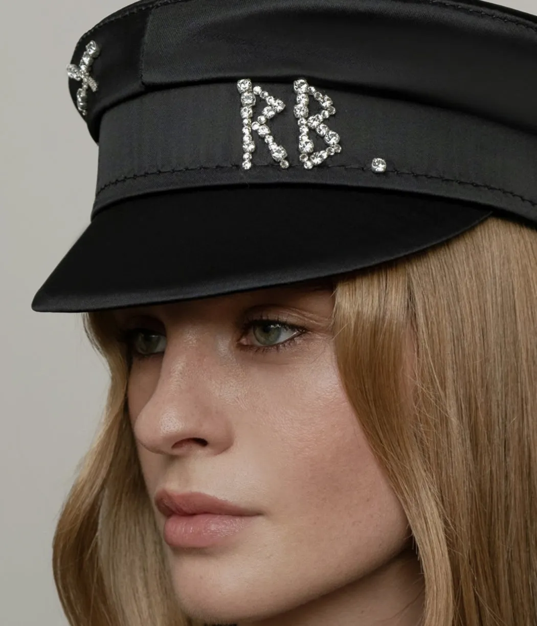 Crystal-embellished Black Satin Baker Boy Cap
