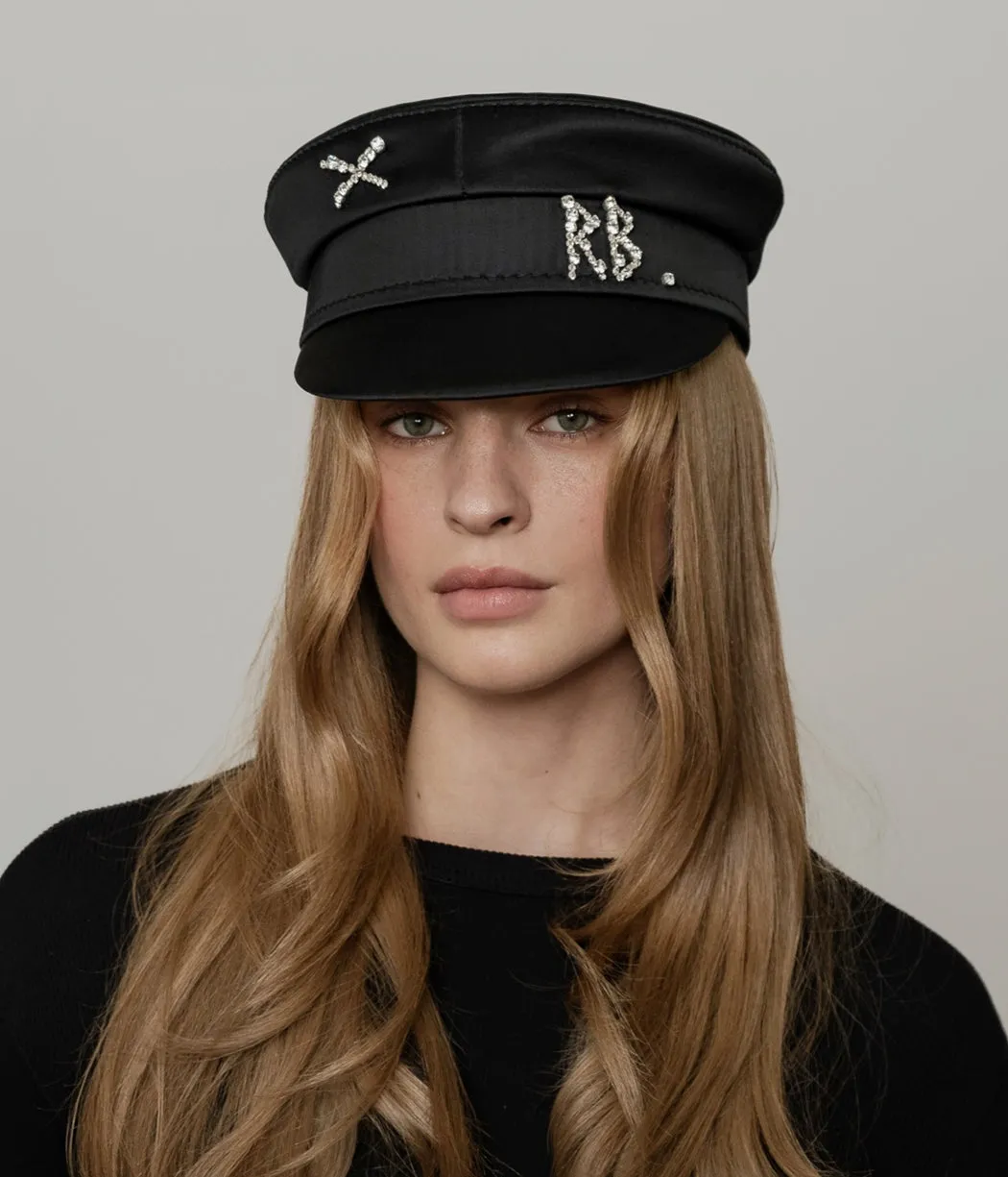 Crystal-embellished Black Satin Baker Boy Cap