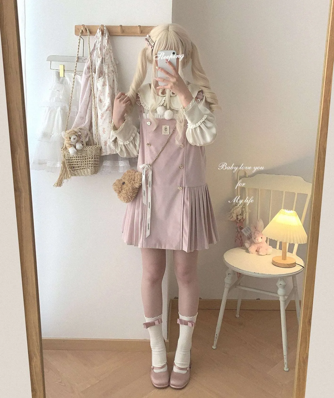 Dormir Doll Bear Souffle Sweet Pompom Balls Shirt Blouse & Purple Cream Strap Dress & Skirt Three Piece Set