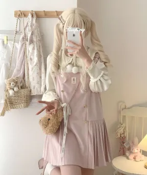 Dormir Doll Bear Souffle Sweet Pompom Balls Shirt Blouse & Purple Cream Strap Dress & Skirt Three Piece Set