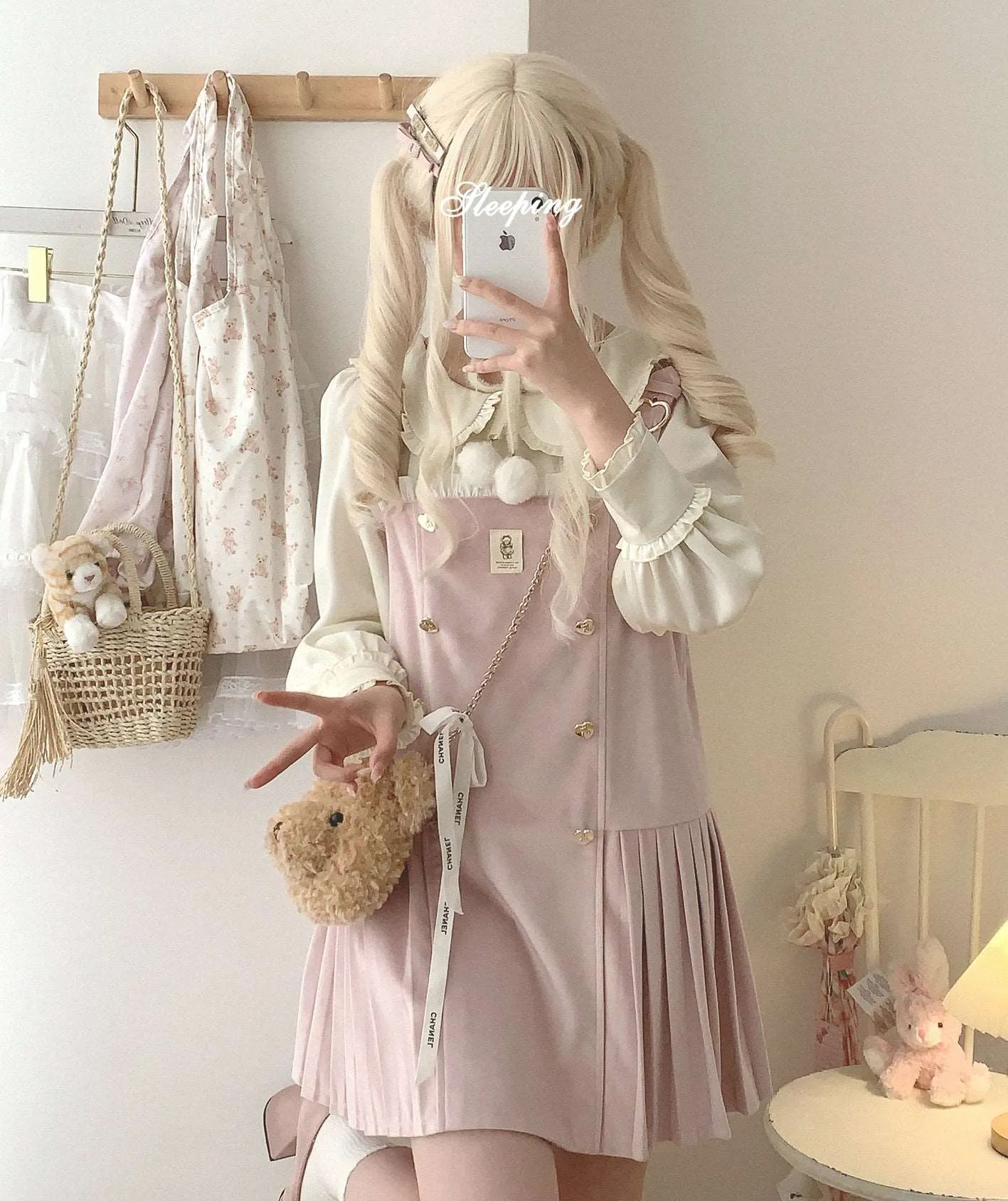 Dormir Doll Bear Souffle Sweet Pompom Balls Shirt Blouse & Purple Cream Strap Dress & Skirt Three Piece Set