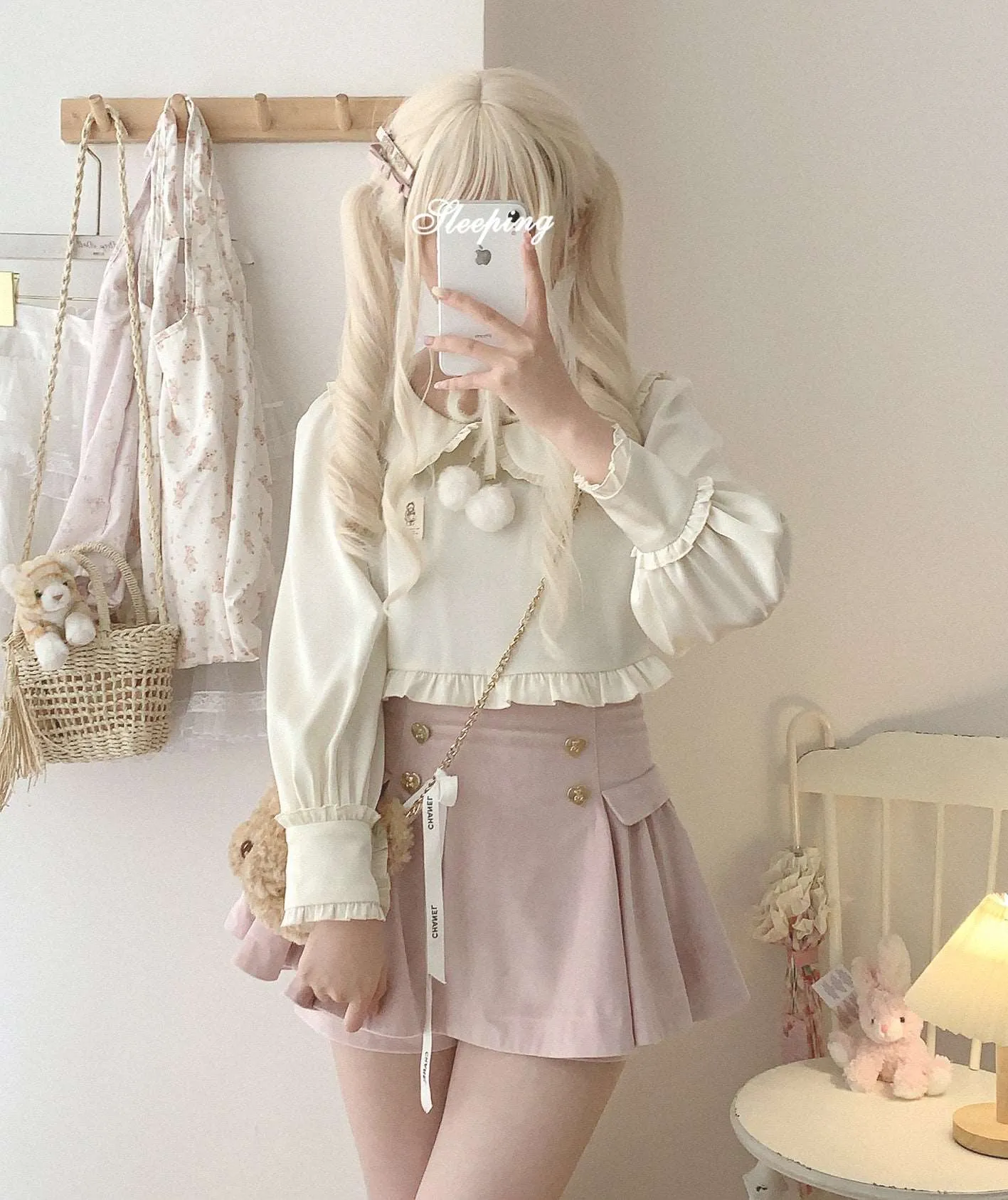 Dormir Doll Bear Souffle Sweet Pompom Balls Shirt Blouse & Purple Cream Strap Dress & Skirt Three Piece Set