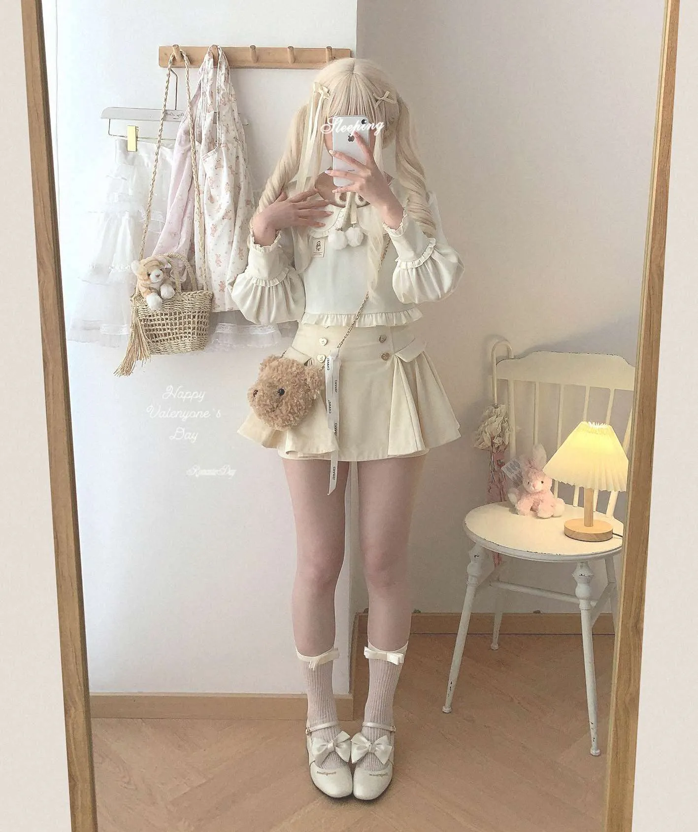 Dormir Doll Bear Souffle Sweet Pompom Balls Shirt Blouse & Purple Cream Strap Dress & Skirt Three Piece Set
