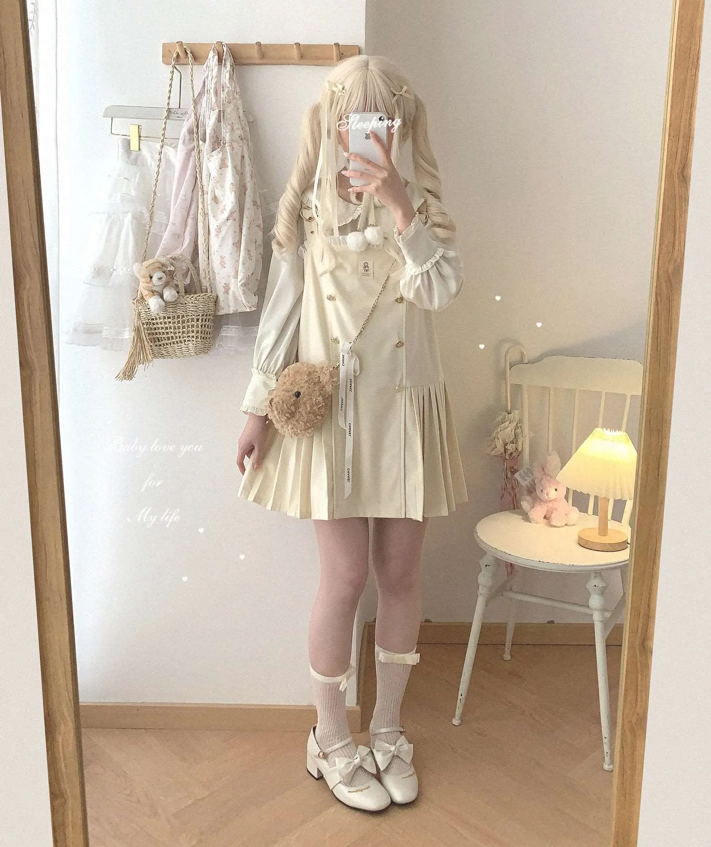 Dormir Doll Bear Souffle Sweet Pompom Balls Shirt Blouse & Purple Cream Strap Dress & Skirt Three Piece Set