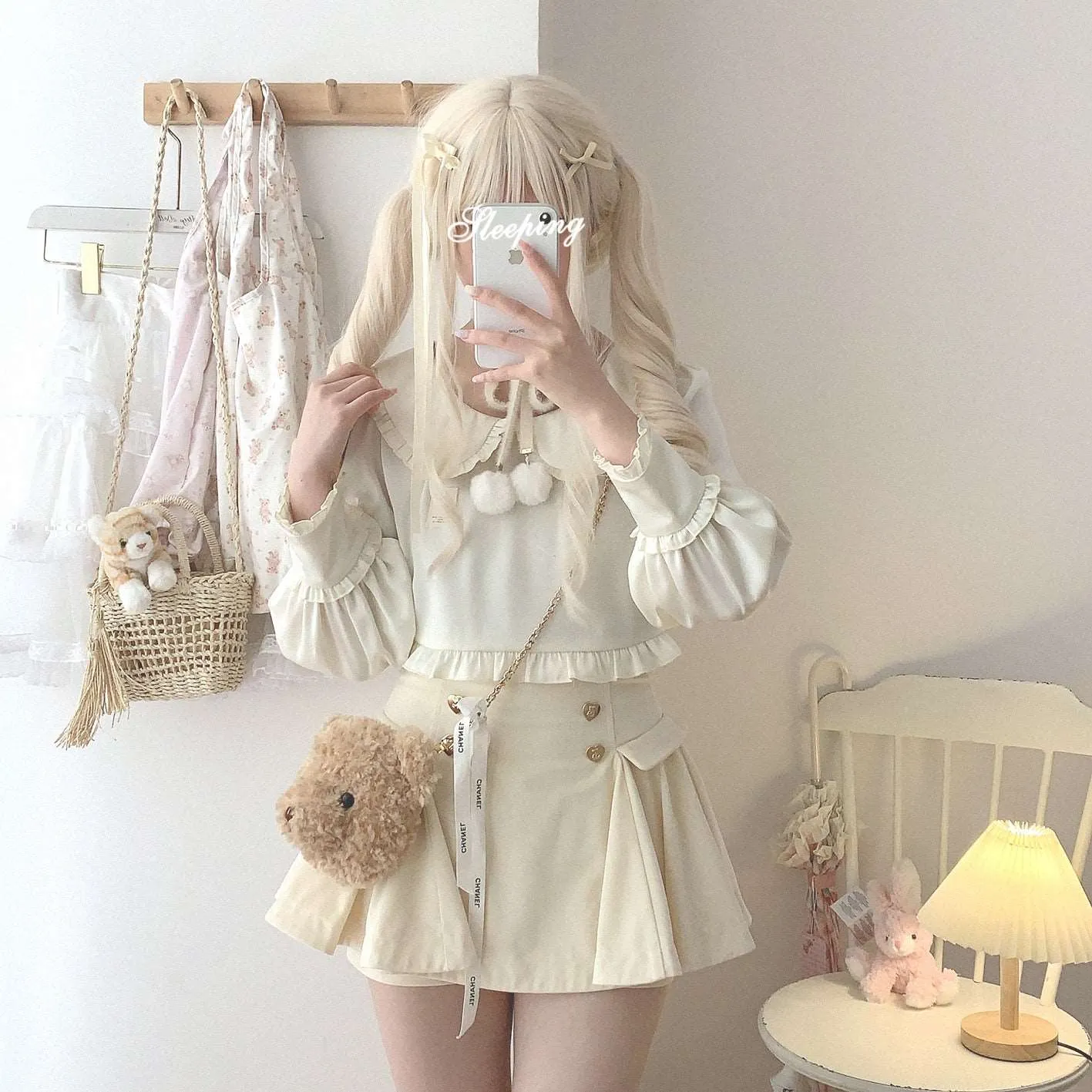 Dormir Doll Bear Souffle Sweet Pompom Balls Shirt Blouse & Purple Cream Strap Dress & Skirt Three Piece Set