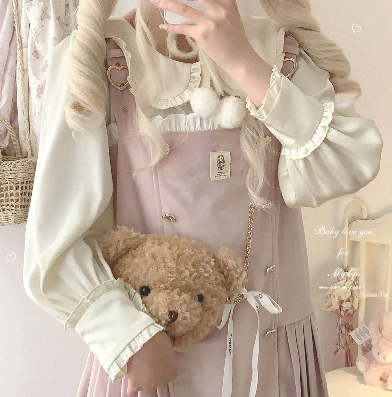 Dormir Doll Bear Souffle Sweet Pompom Balls Shirt Blouse & Purple Cream Strap Dress & Skirt Three Piece Set