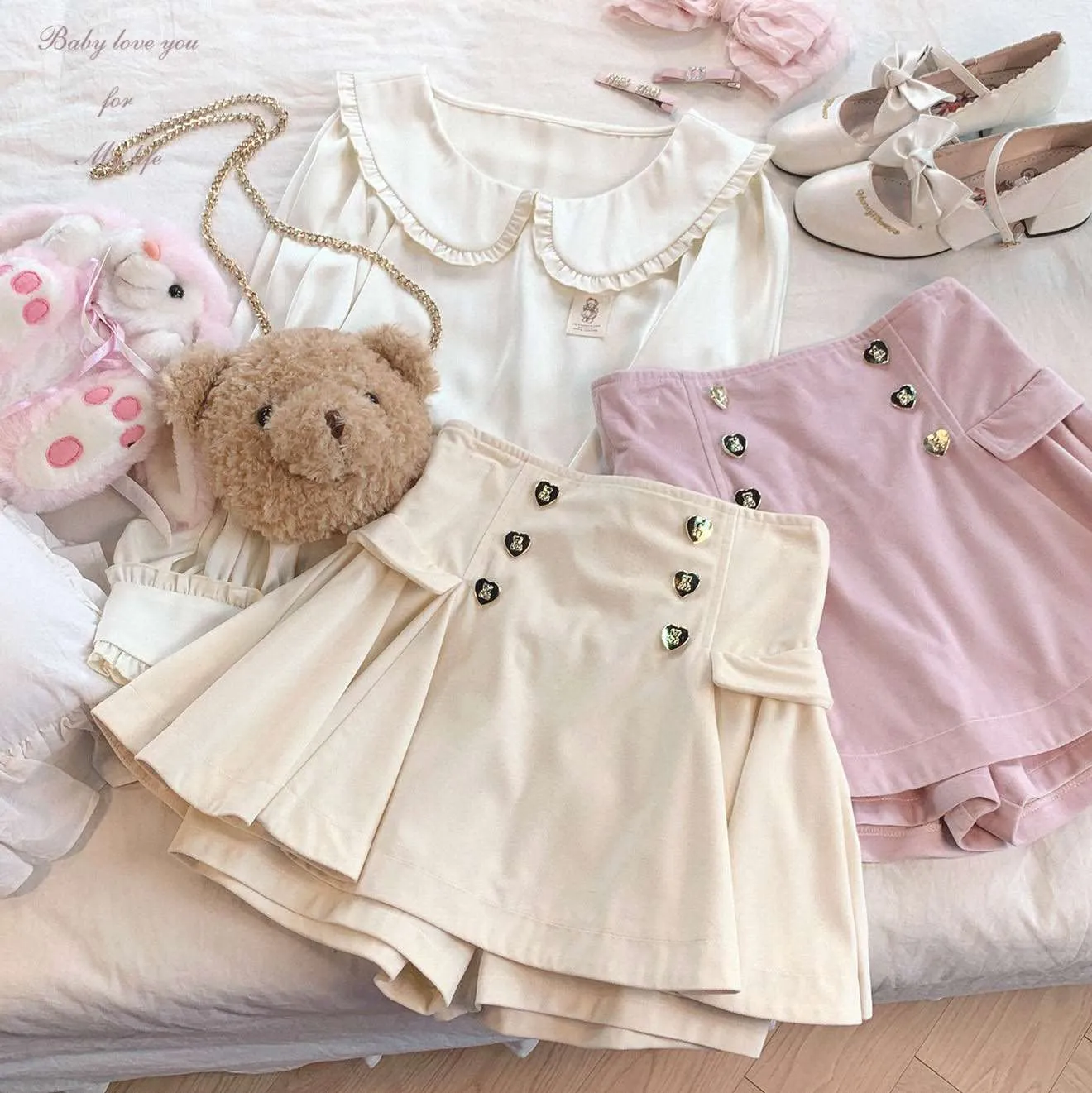 Dormir Doll Bear Souffle Sweet Pompom Balls Shirt Blouse & Purple Cream Strap Dress & Skirt Three Piece Set