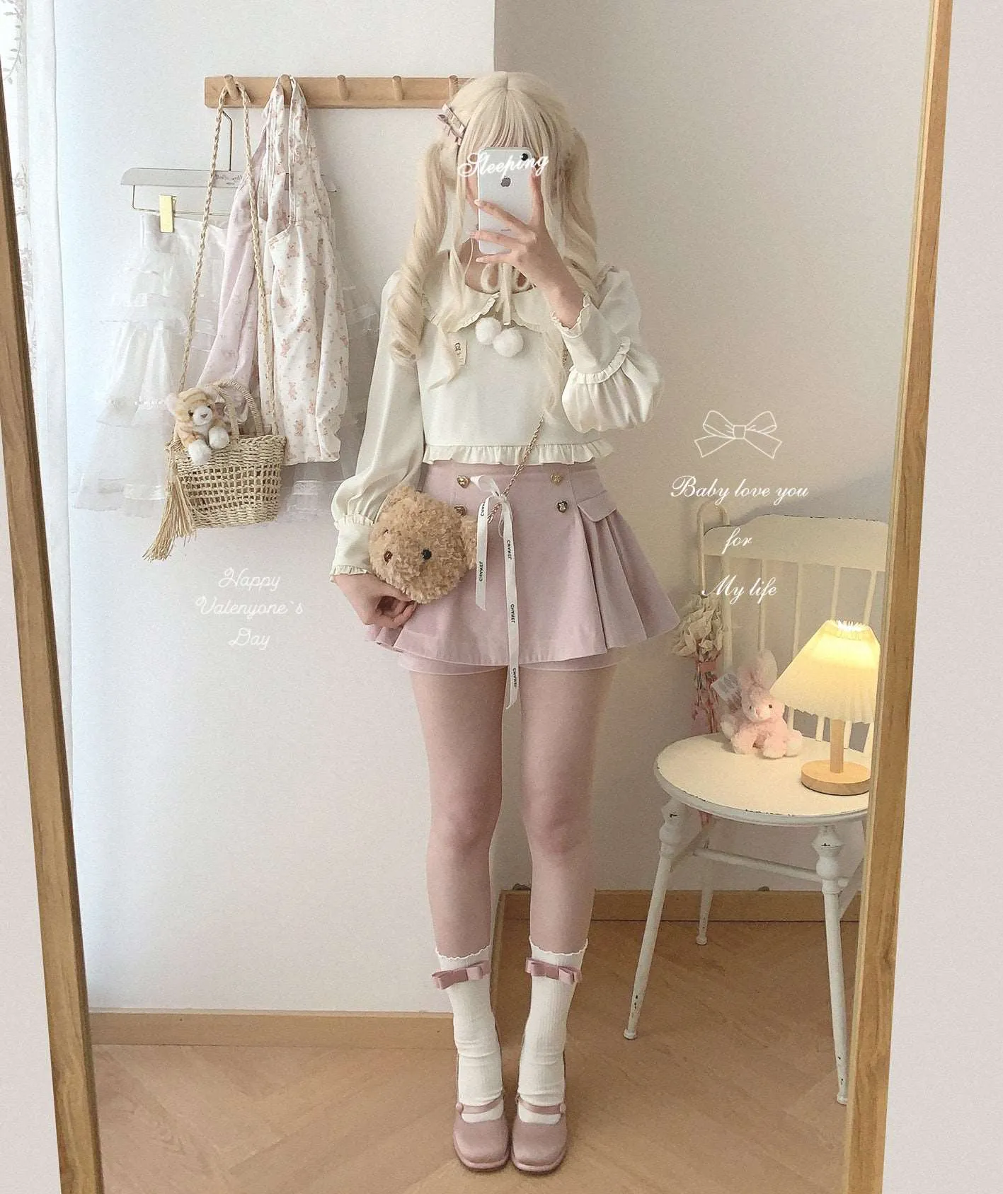 Dormir Doll Bear Souffle Sweet Pompom Balls Shirt Blouse & Purple Cream Strap Dress & Skirt Three Piece Set