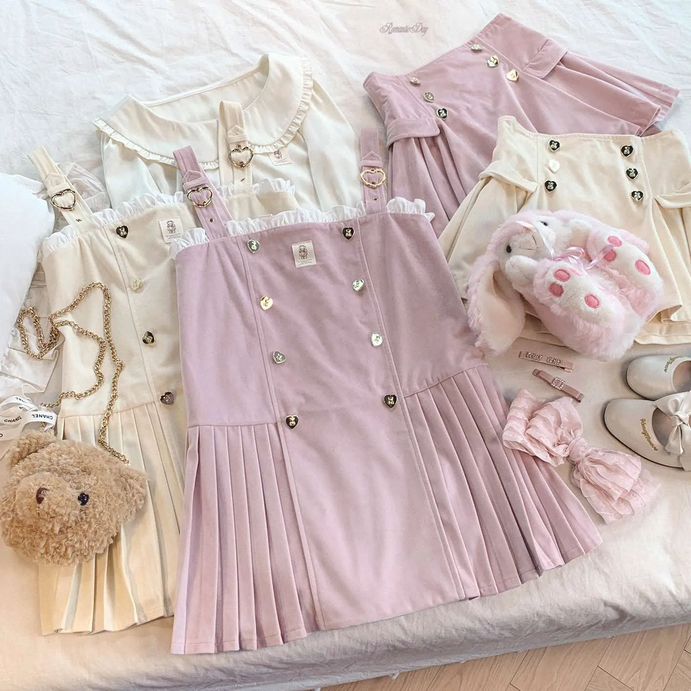 Dormir Doll Bear Souffle Sweet Pompom Balls Shirt Blouse & Purple Cream Strap Dress & Skirt Three Piece Set