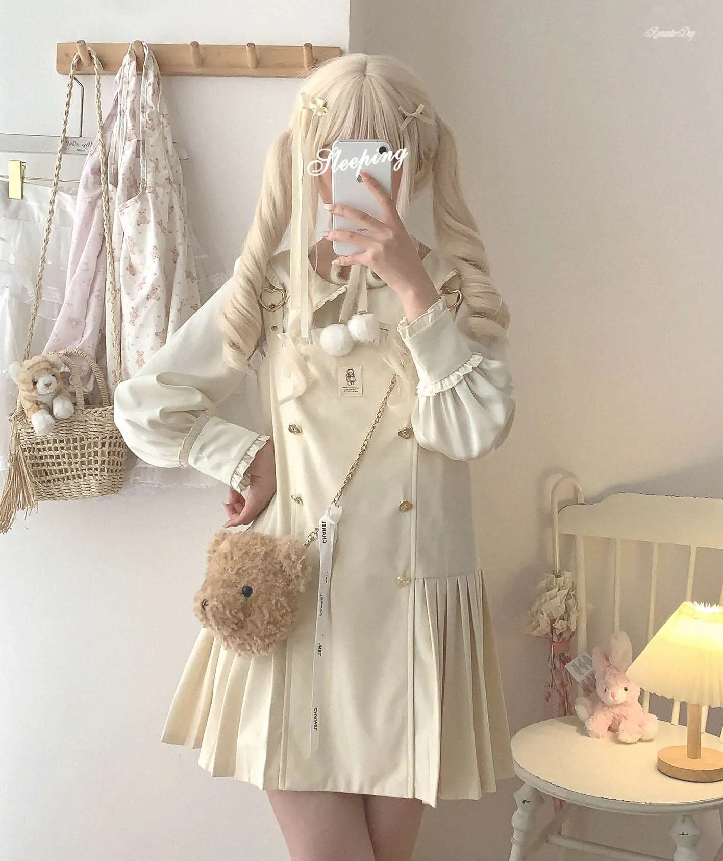 Dormir Doll Bear Souffle Sweet Pompom Balls Shirt Blouse & Purple Cream Strap Dress & Skirt Three Piece Set