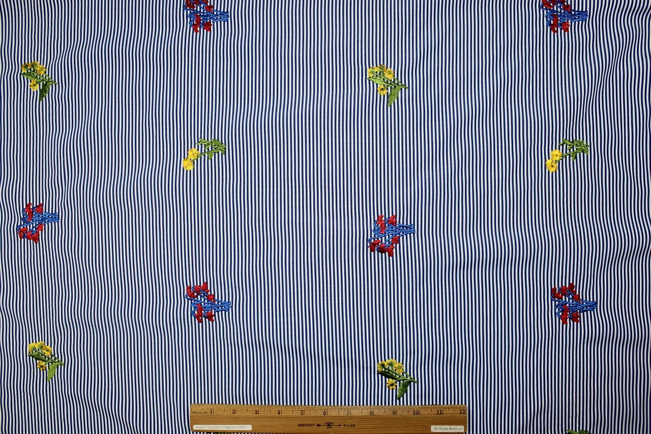 Embroidered, Striped Cotton Shirting - Blue/White/Green/Red/Yellow
