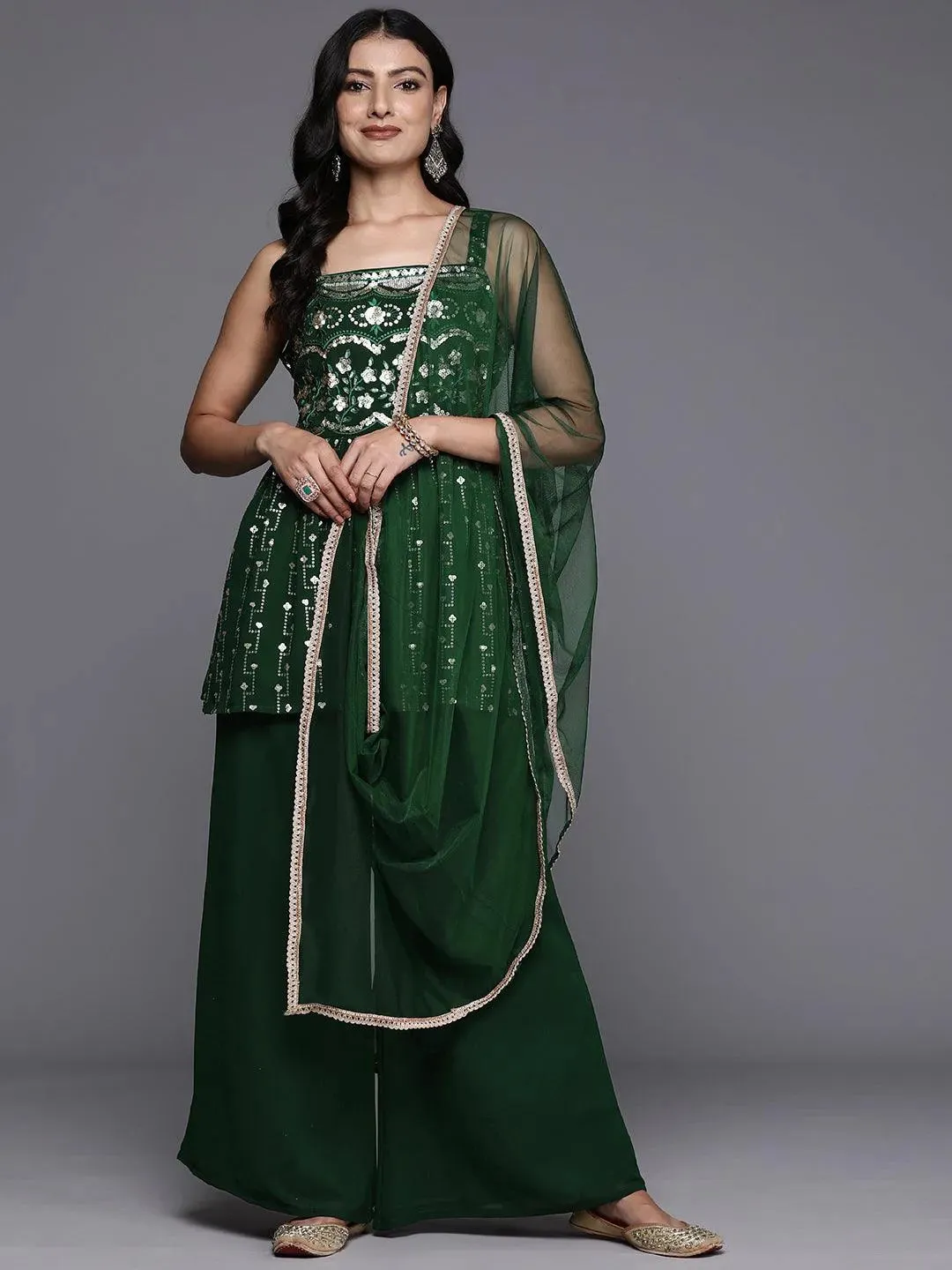 Green Embroidered Georgette A-Line Kurti With Palazzos & Dupatta