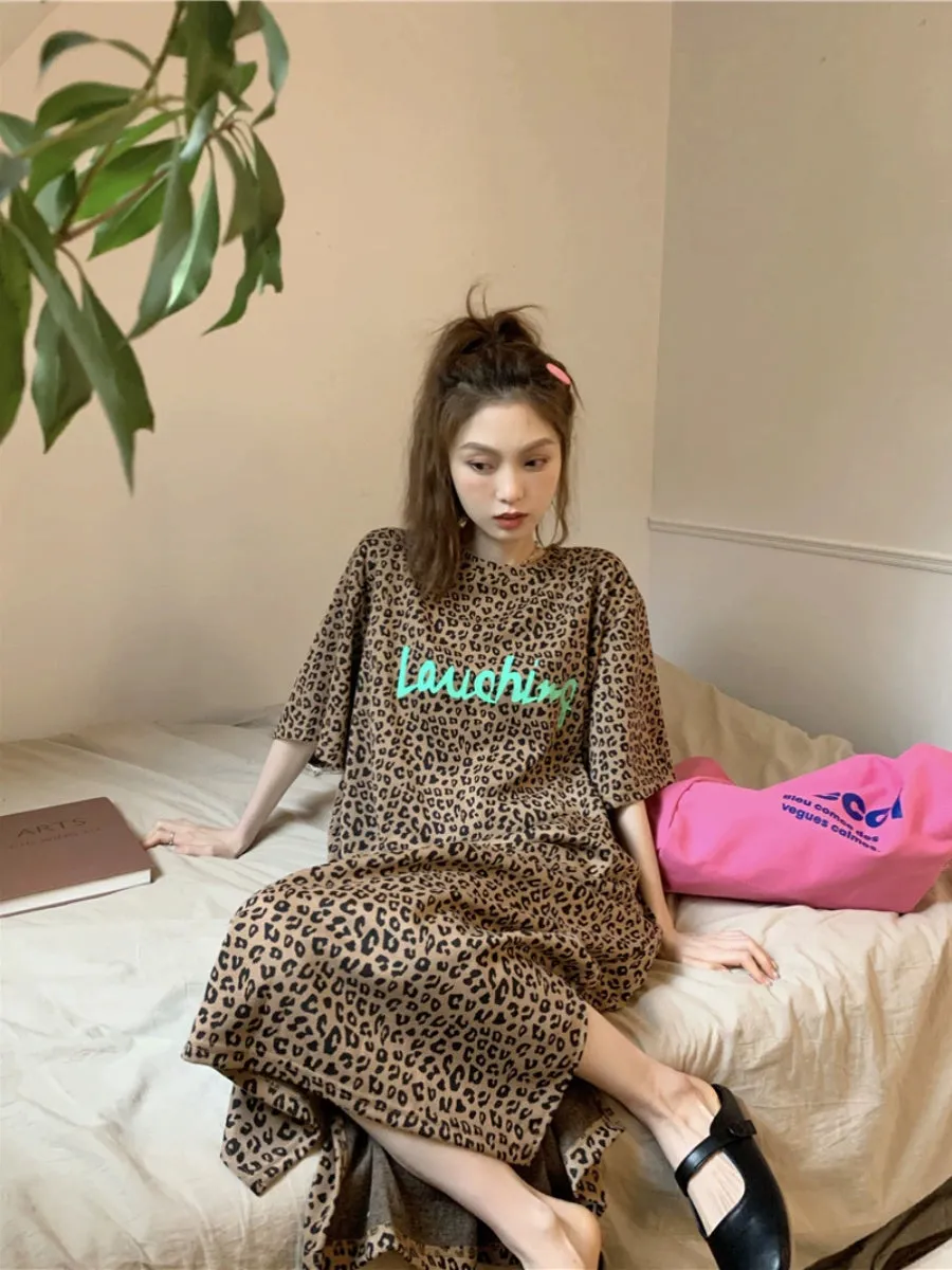 Korean style chic plus size fat MM lazy fashion lazy leopard print short sleeve long t-shirt dress dress