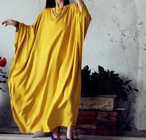 linen kaftan in yellow,extravagant long dress in red,caftan plus size clothing in black,3 colors holiday trip,women linen maxi dress,bust no limit