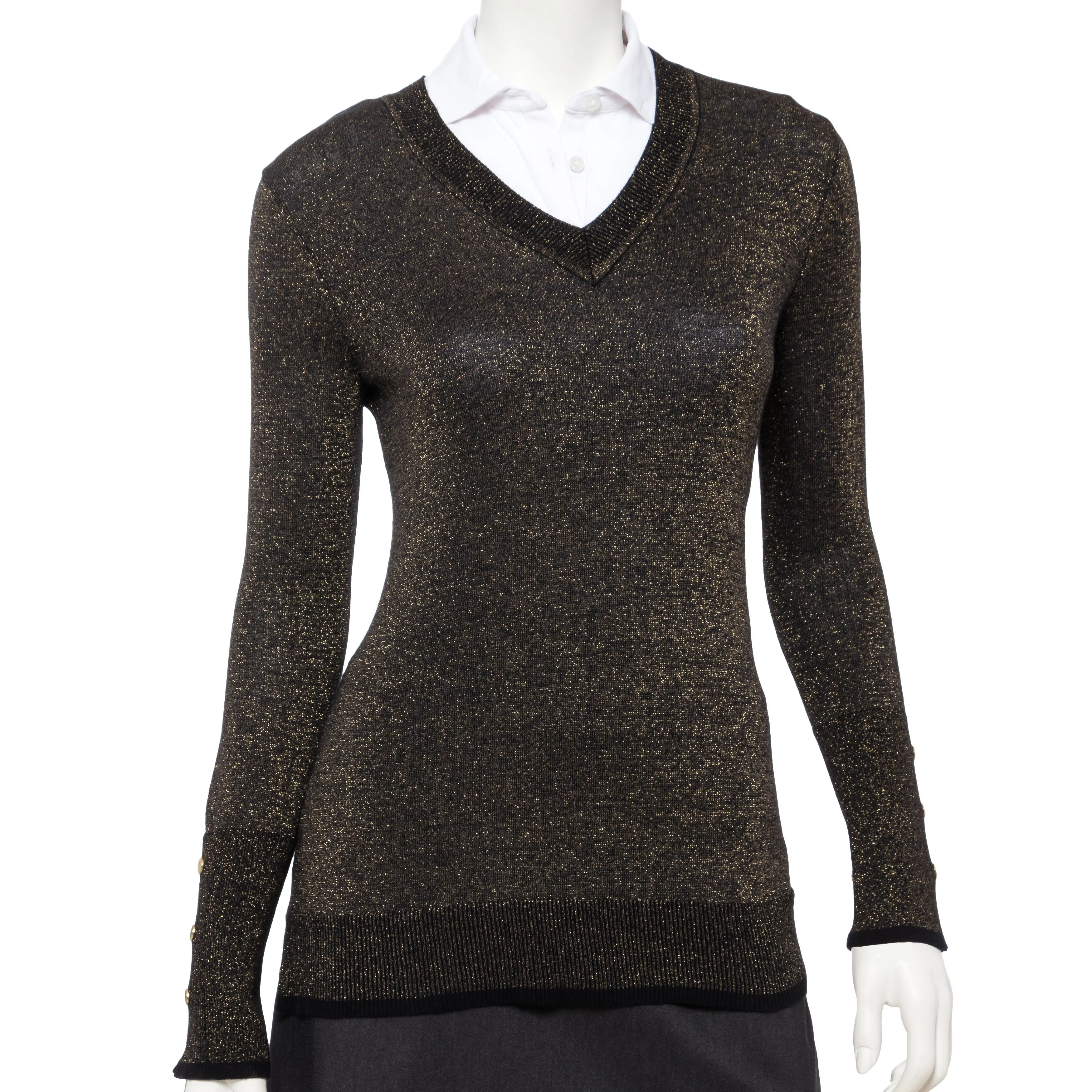 Long Sleeve Lurex Plaited V Neck Pullover - SALE