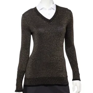 Long Sleeve Lurex Plaited V Neck Pullover - SALE