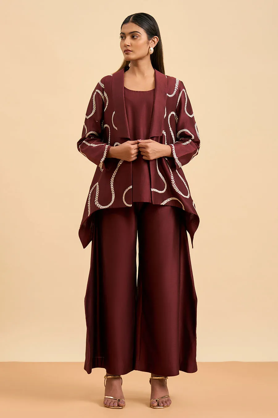 Maroon Harmony Top, Pant & Jacket Co-Ord Set