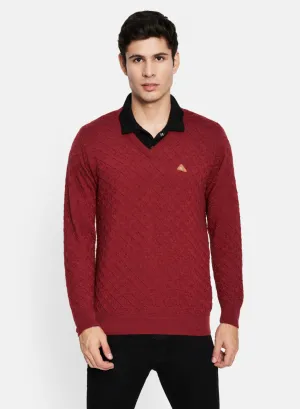 Men Maroon Self Design Pullover