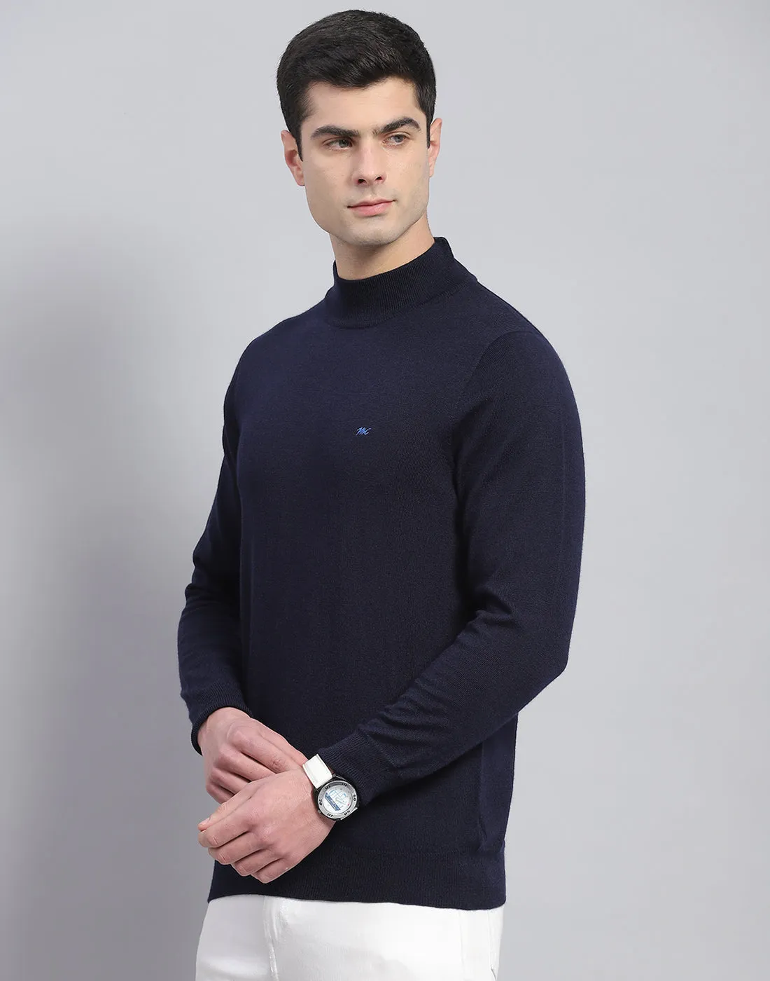 Men Navy Blue Solid T Neck Full Sleeve Pullover