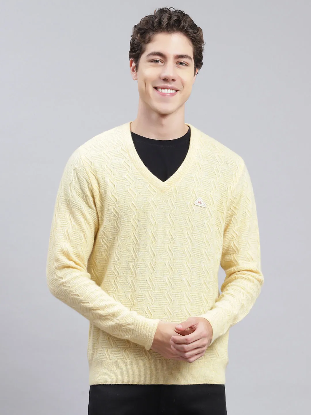 Men Yellow Self Design Lamb wool Pullover