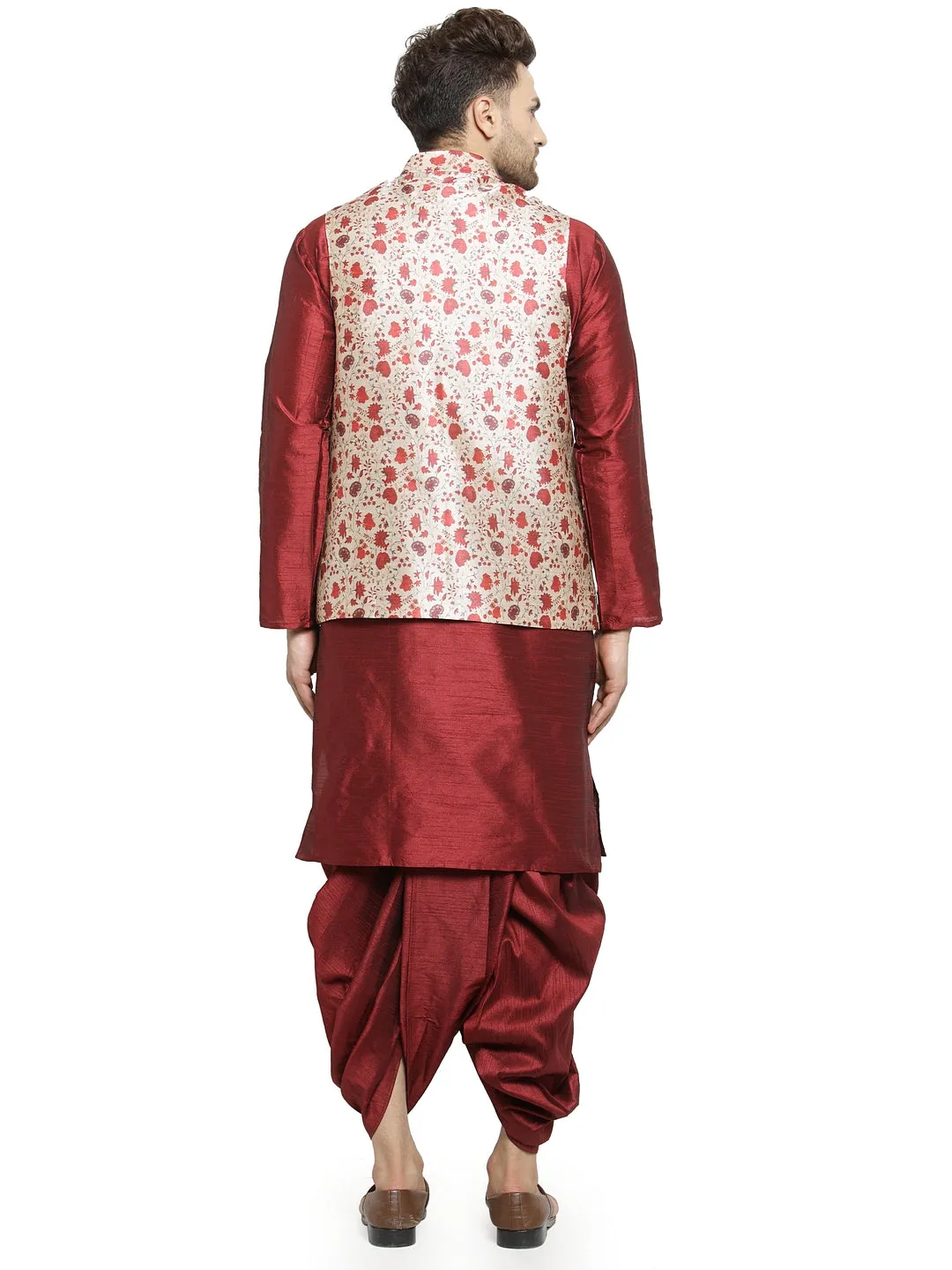Men's Maroon Kurta With Dhoti & Beige Printed Nehru Jacket - Benstoke