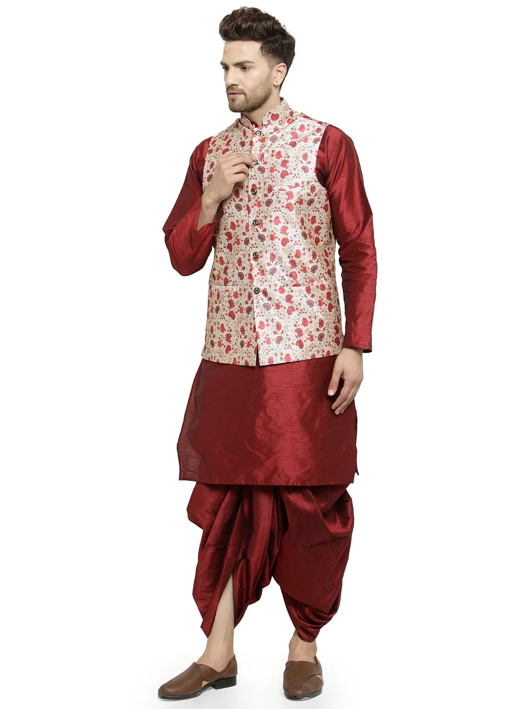 Men's Maroon Kurta With Dhoti & Beige Printed Nehru Jacket - Benstoke